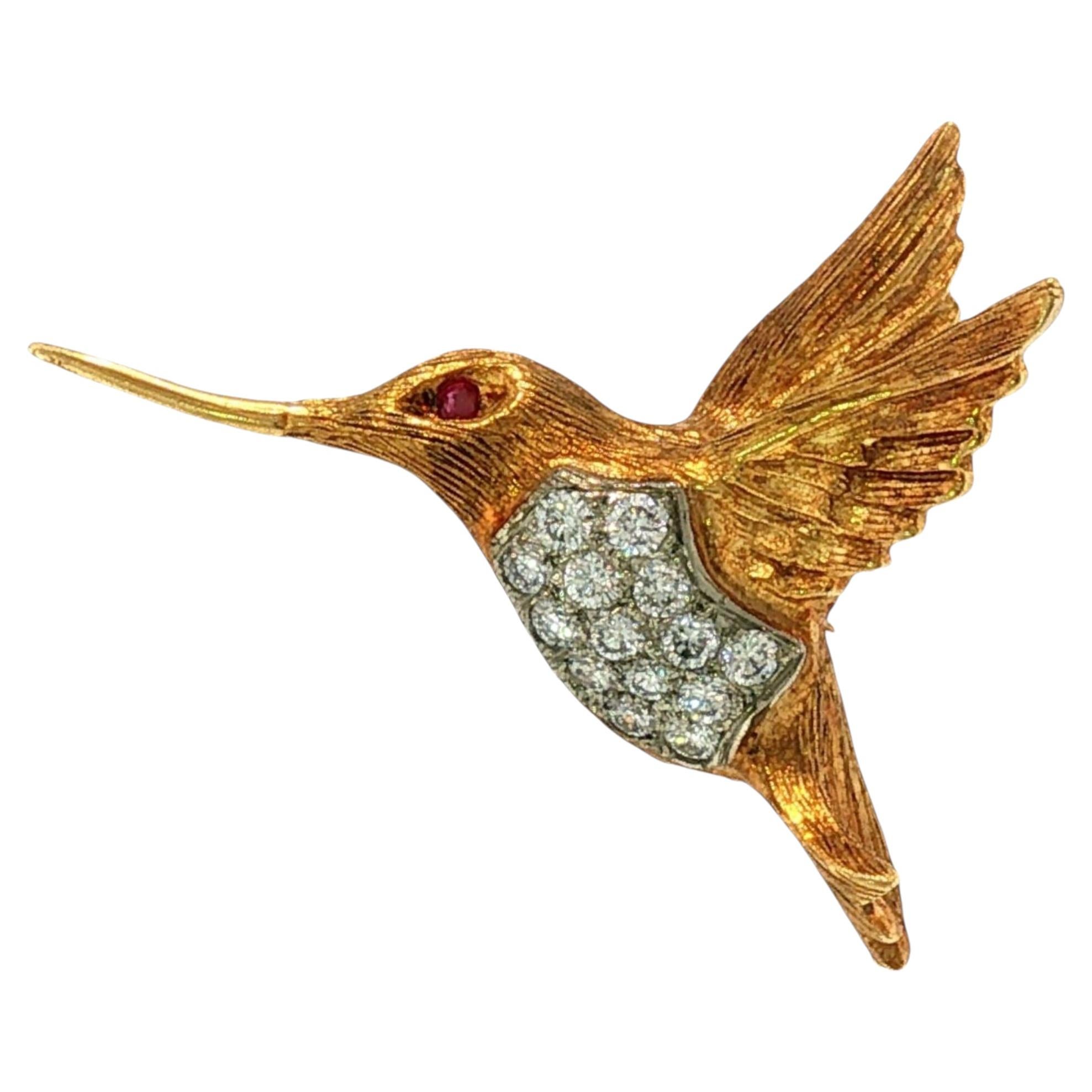 Broche vintage de colibrí de 18 quilates con diamantes, en oro amarillo