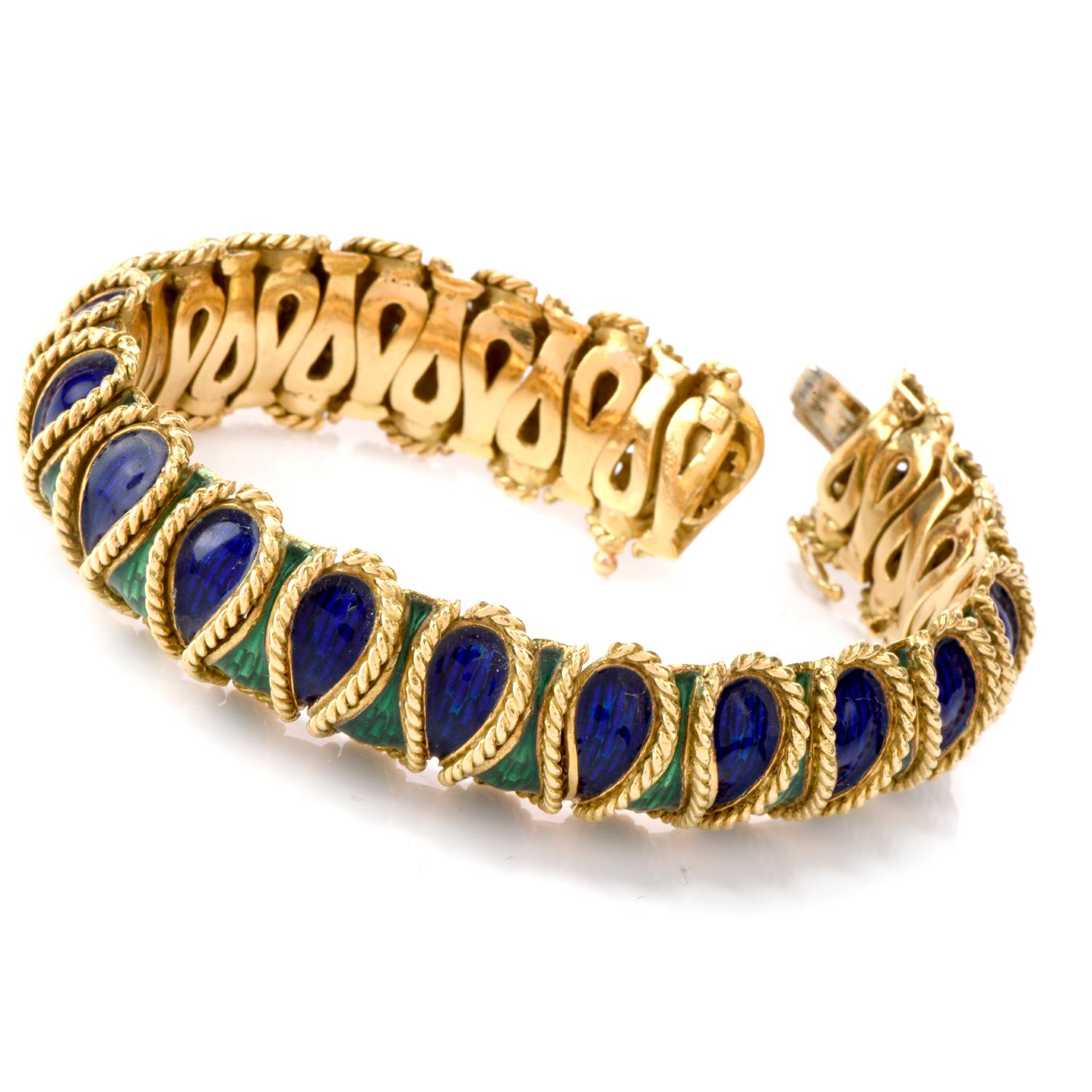 This statement Bracelet offering flexibility with color and style was  inspired in a Serpent motif and crafted in 98.1 grams of luxurious 18K yellow gold.

A prevalent wrapping pattern of twisted rope separate the alternating enameled panels of