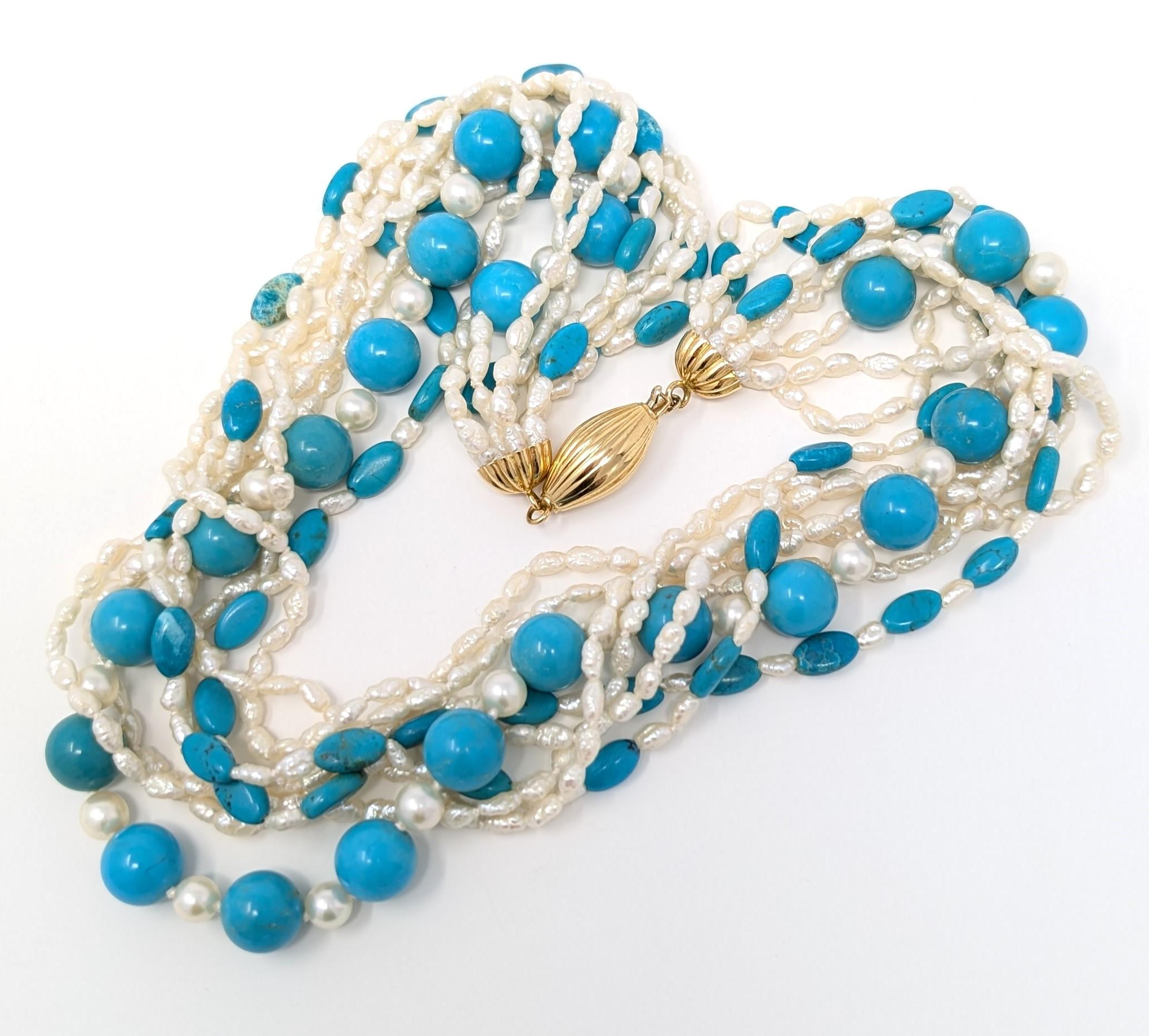 Bead Vintage 18k Italian Turquoise Rice Pearl Necklace Torsade 750 Hand Knotted Italy For Sale