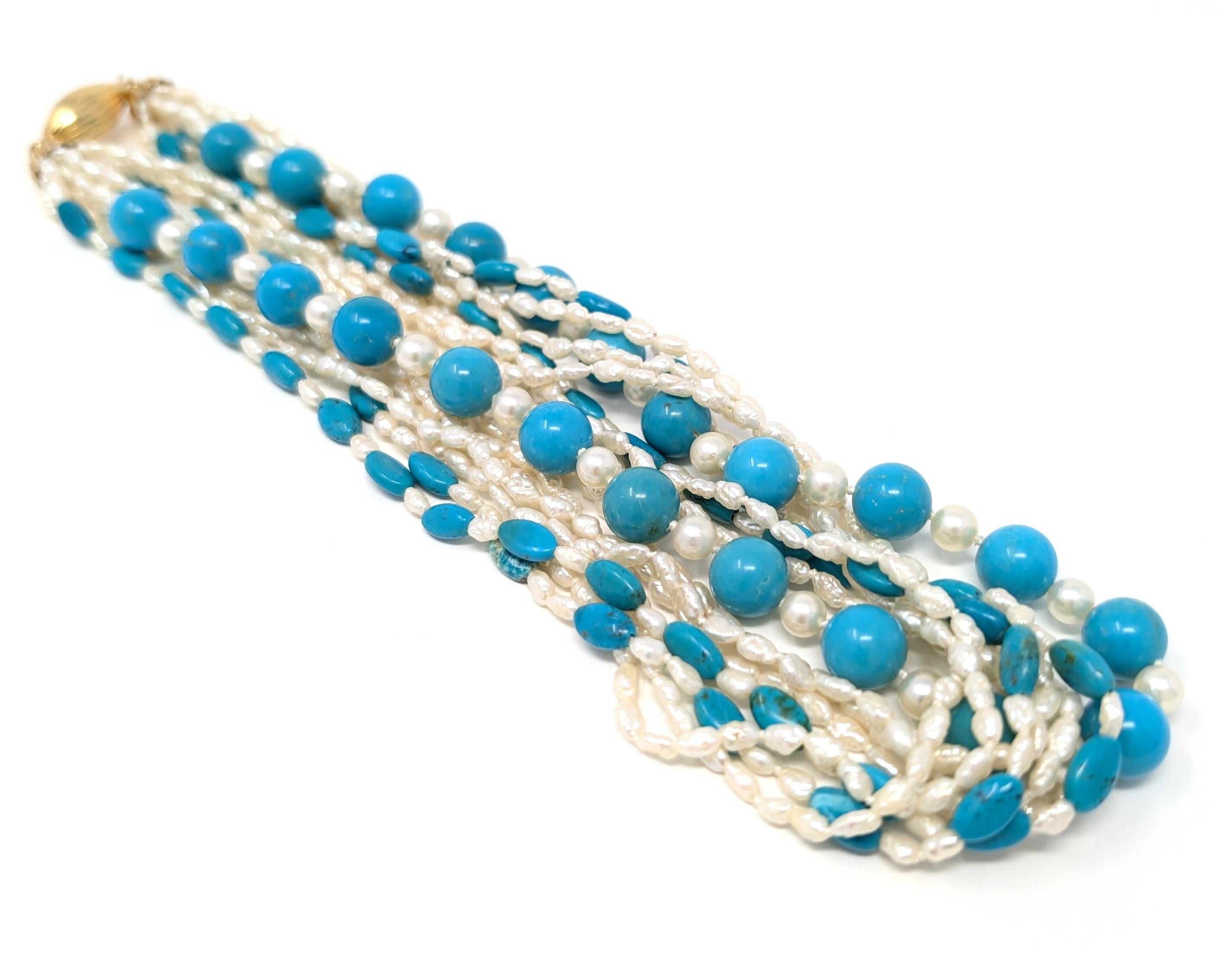 Vintage 18k Italian Turquoise Rice Pearl Necklace Torsade 750 Hand Knotted Italy In Good Condition For Sale In Greer, SC