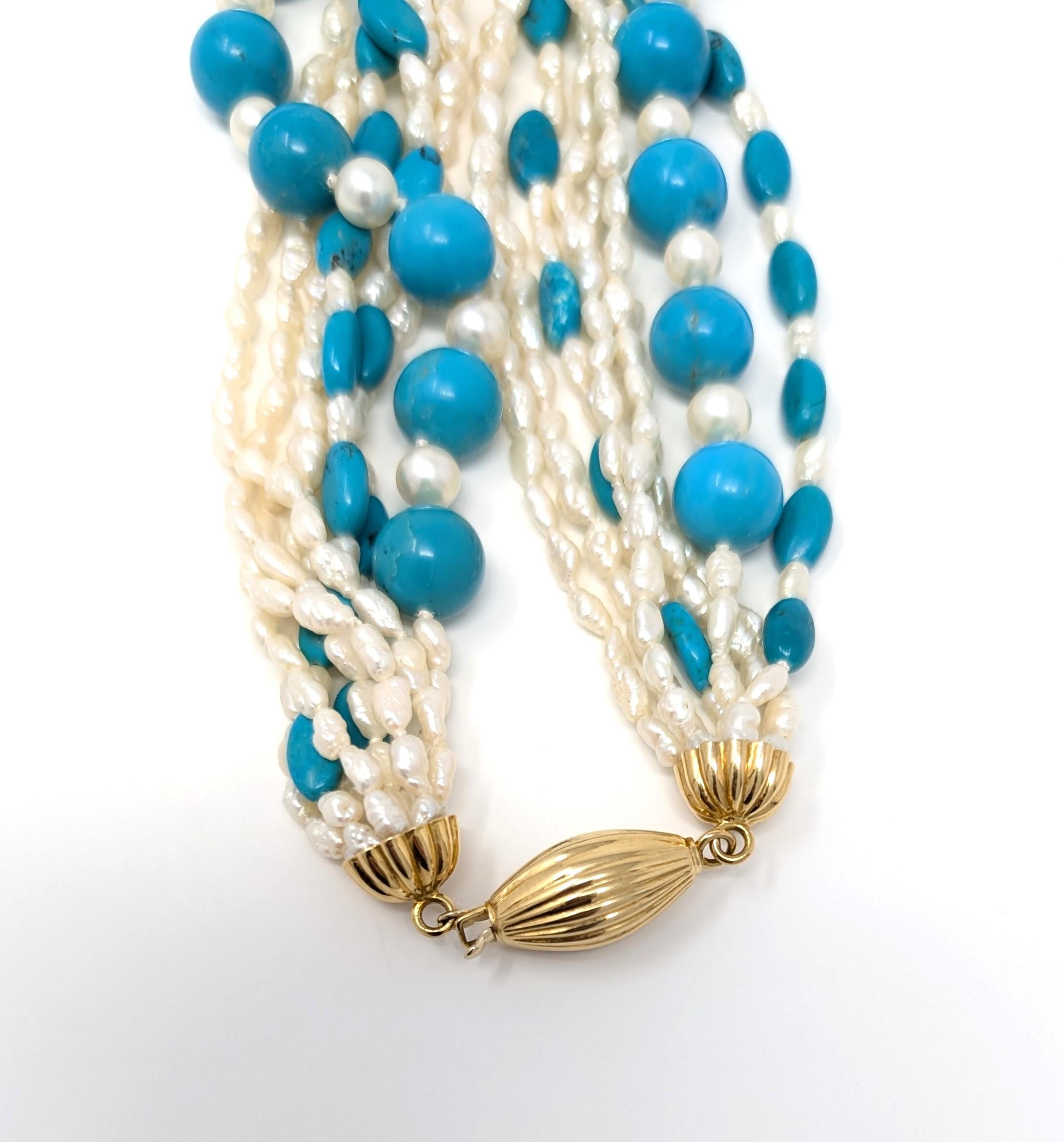 Women's Vintage 18k Italian Turquoise Rice Pearl Necklace Torsade 750 Hand Knotted Italy For Sale