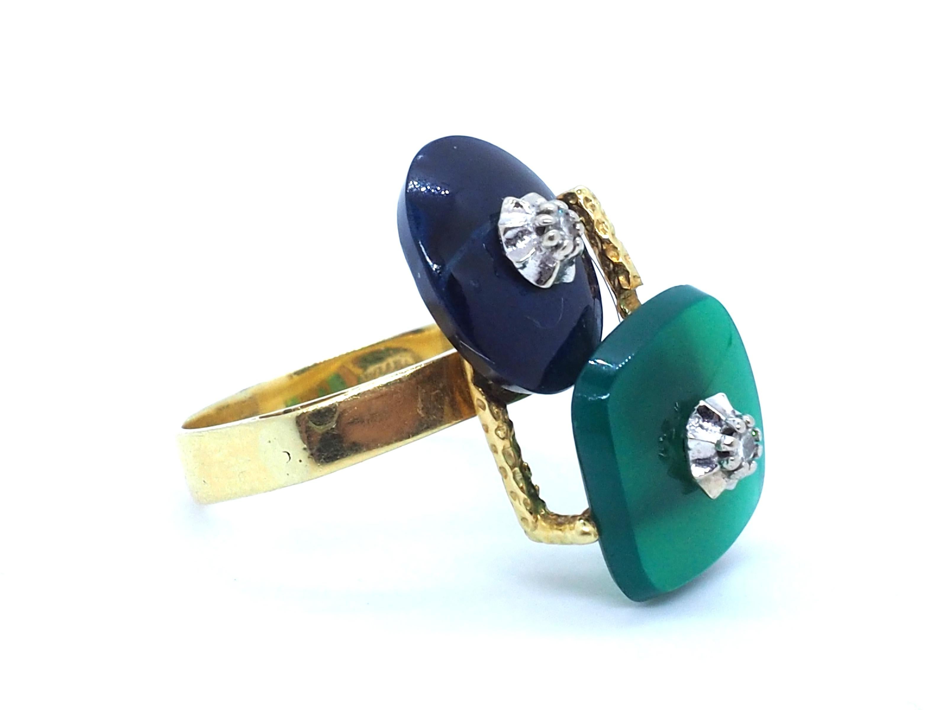Brilliant Cut Vintage 18K Jade Lapis Lazulis and Diamonds 18K Yellow Gold Geometric Ring For Sale