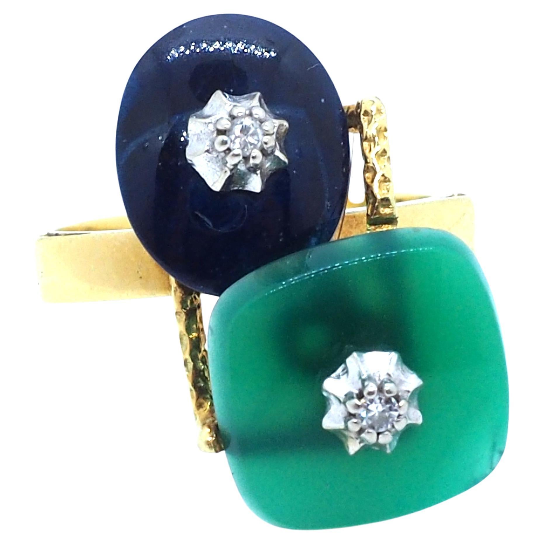 Vintage 18K Jade Lapis Lazulis and Diamonds 18K Yellow Gold Geometric Ring For Sale