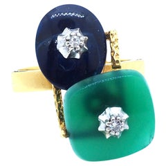 Vintage 18K Jade Lapis Lazulis and Diamonds 18K Yellow Gold Geometric Ring