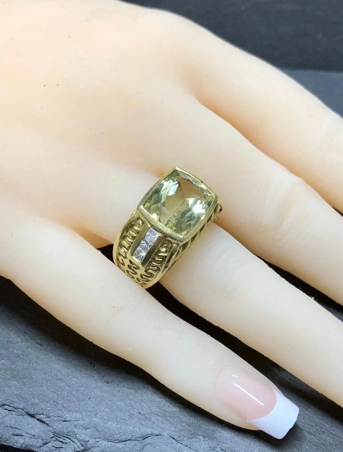 Vintage 18K Judith Ripka Lemon Quartz Diamond Cocktail Ring .60cttw G Vs Sz 6.25 For Sale 1