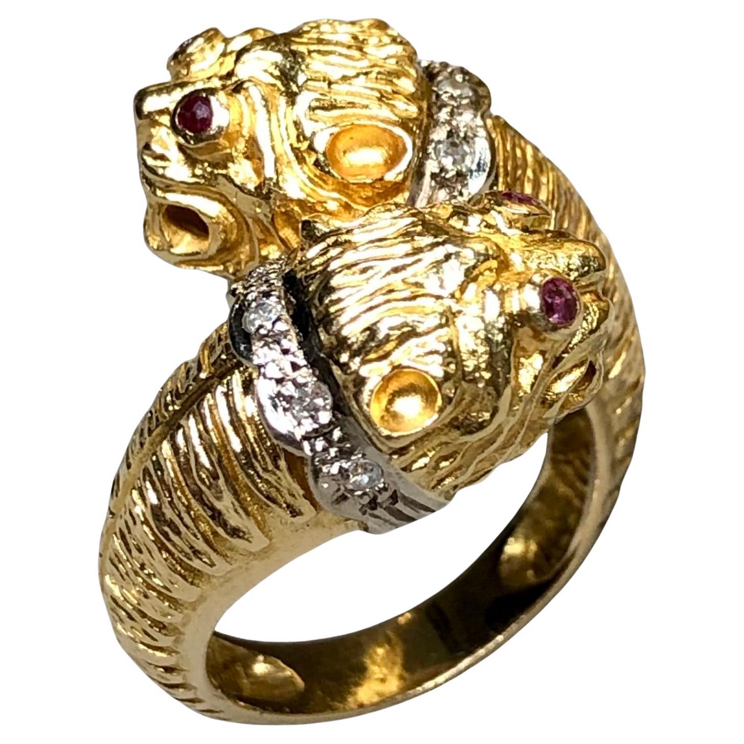 Vintage 18K Lalaounis Quimera doble cabeza Rubí Diamante Bypass Anillo Sz 6.5 en venta