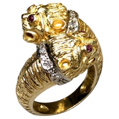 Vintage 18K Lalaounis Quimera doble cabeza Rubí Diamante Bypass Anillo Sz 6.5