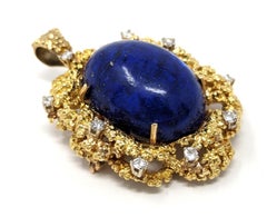 Vintage 18k Lapis Lazuli Diamond Pendant Brooch Pin Brutalist Solid Yellow Gold
