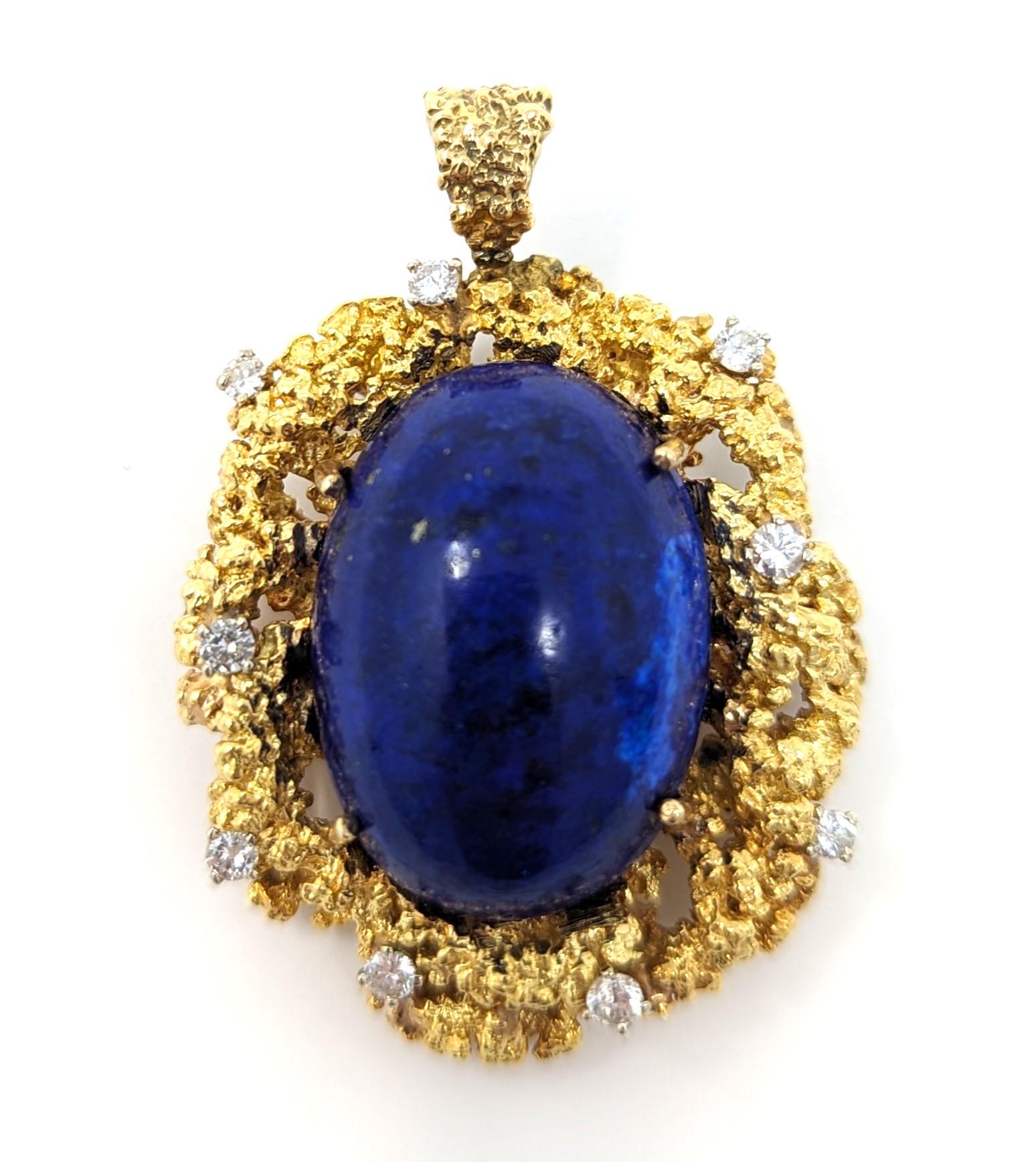 Modernist Vintage 18k Lapis Lazuli Diamond Pendant Brooch Pin Brutalist Solid Yellow Gold For Sale