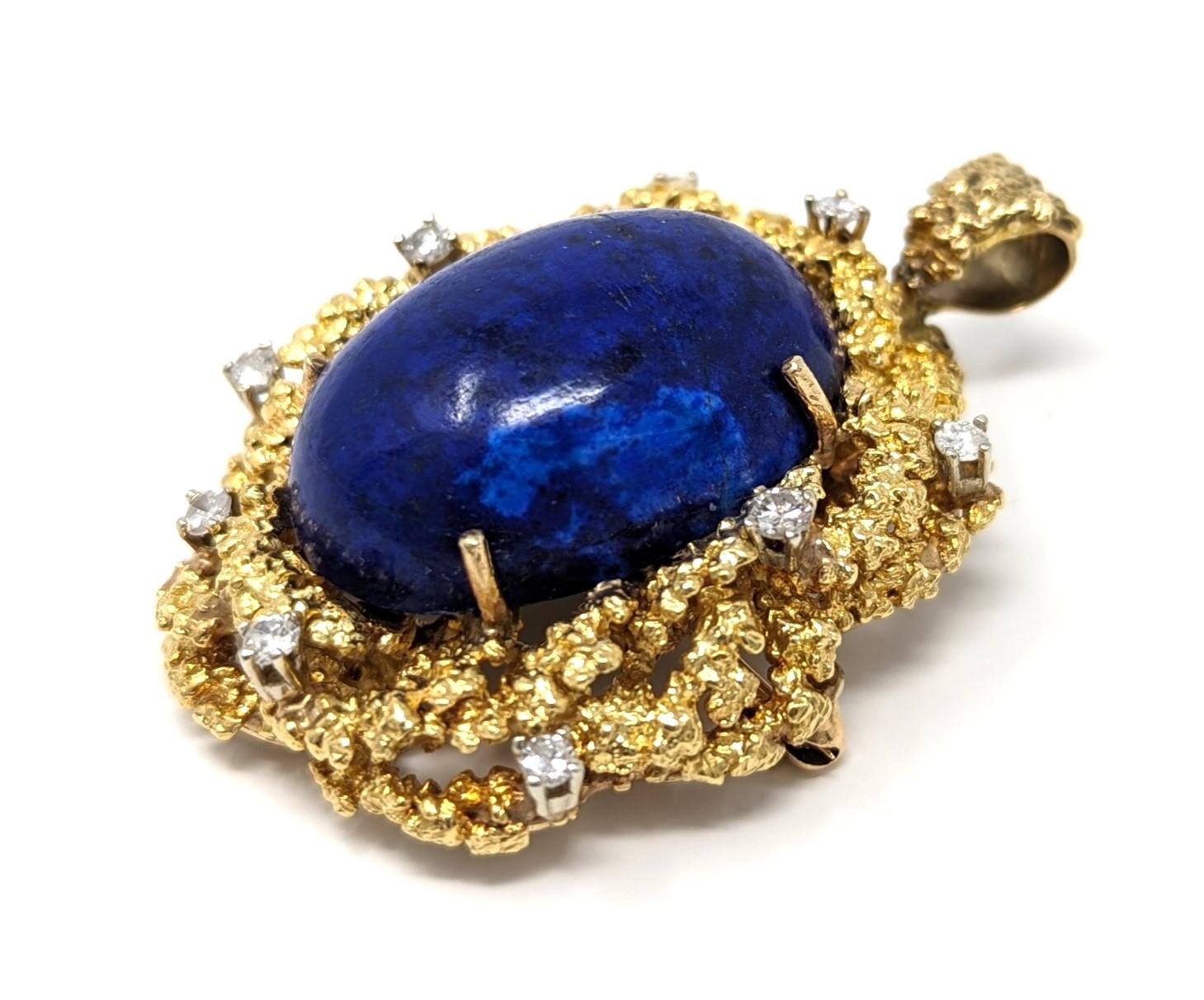 Oval Cut Vintage 18k Lapis Lazuli Diamond Pendant Brooch Pin Brutalist Solid Yellow Gold For Sale