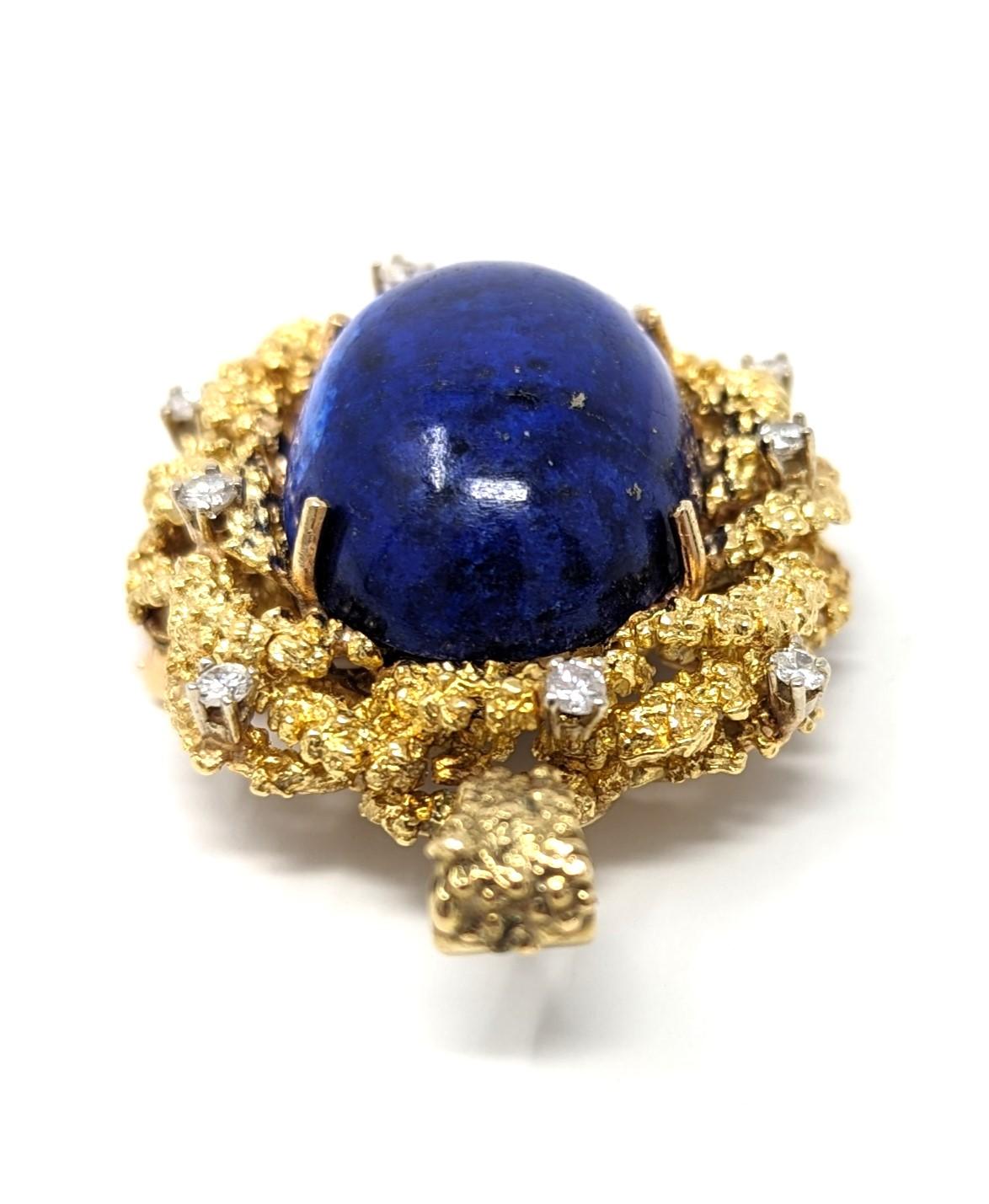 Vintage 18k Lapis Lazuli Diamond Pendant Brooch Pin Brutalist Solid Yellow Gold In Good Condition For Sale In Greer, SC