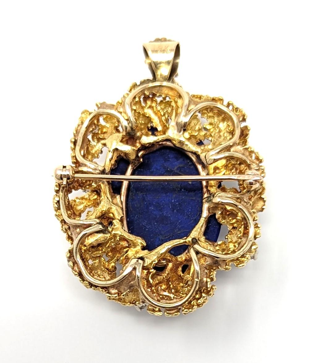 Women's or Men's Vintage 18k Lapis Lazuli Diamond Pendant Brooch Pin Brutalist Solid Yellow Gold For Sale