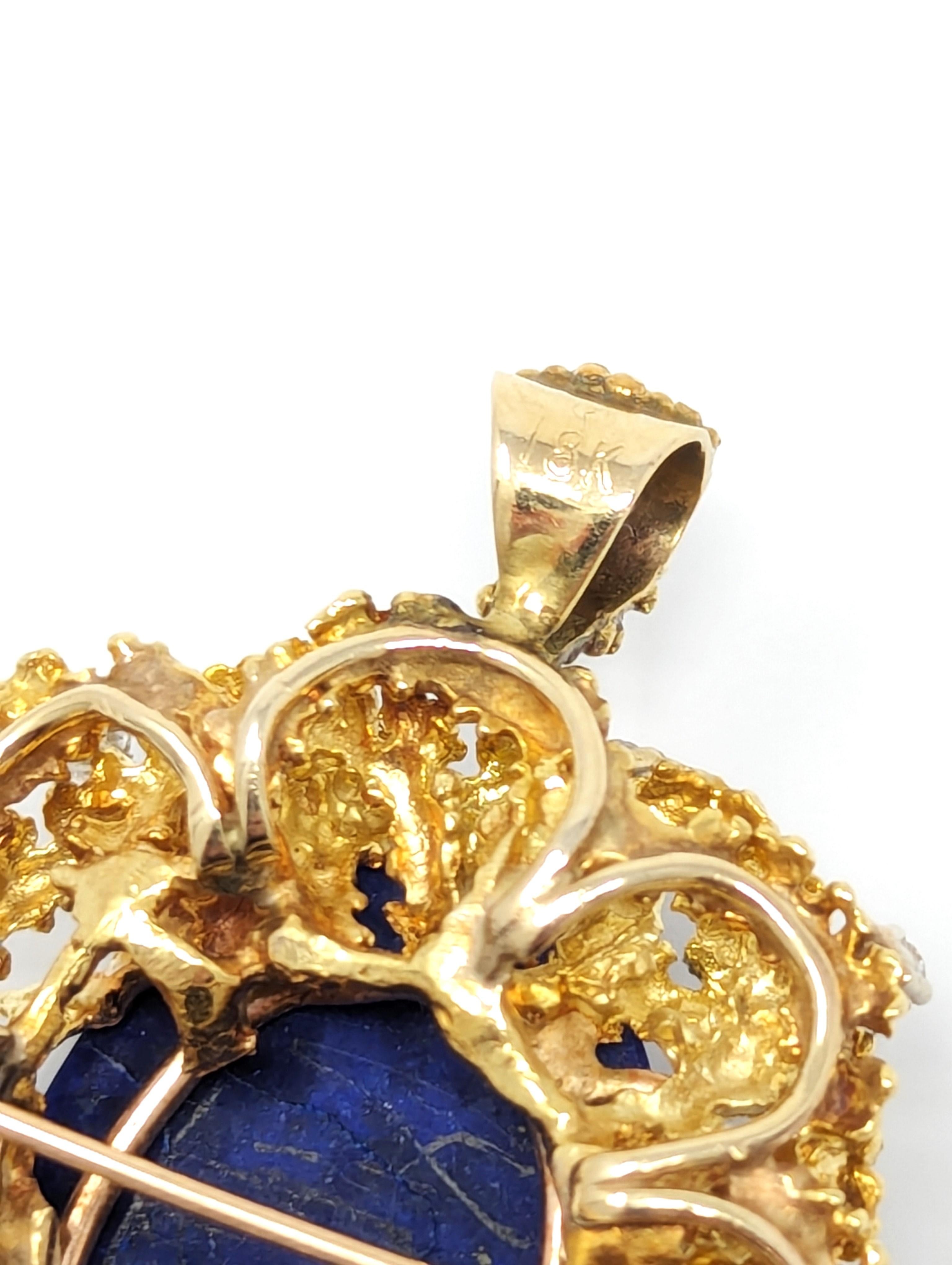 Vintage 18k Lapis Lazuli Diamond Pendant Brooch Pin Brutalist Solid Yellow Gold For Sale 1