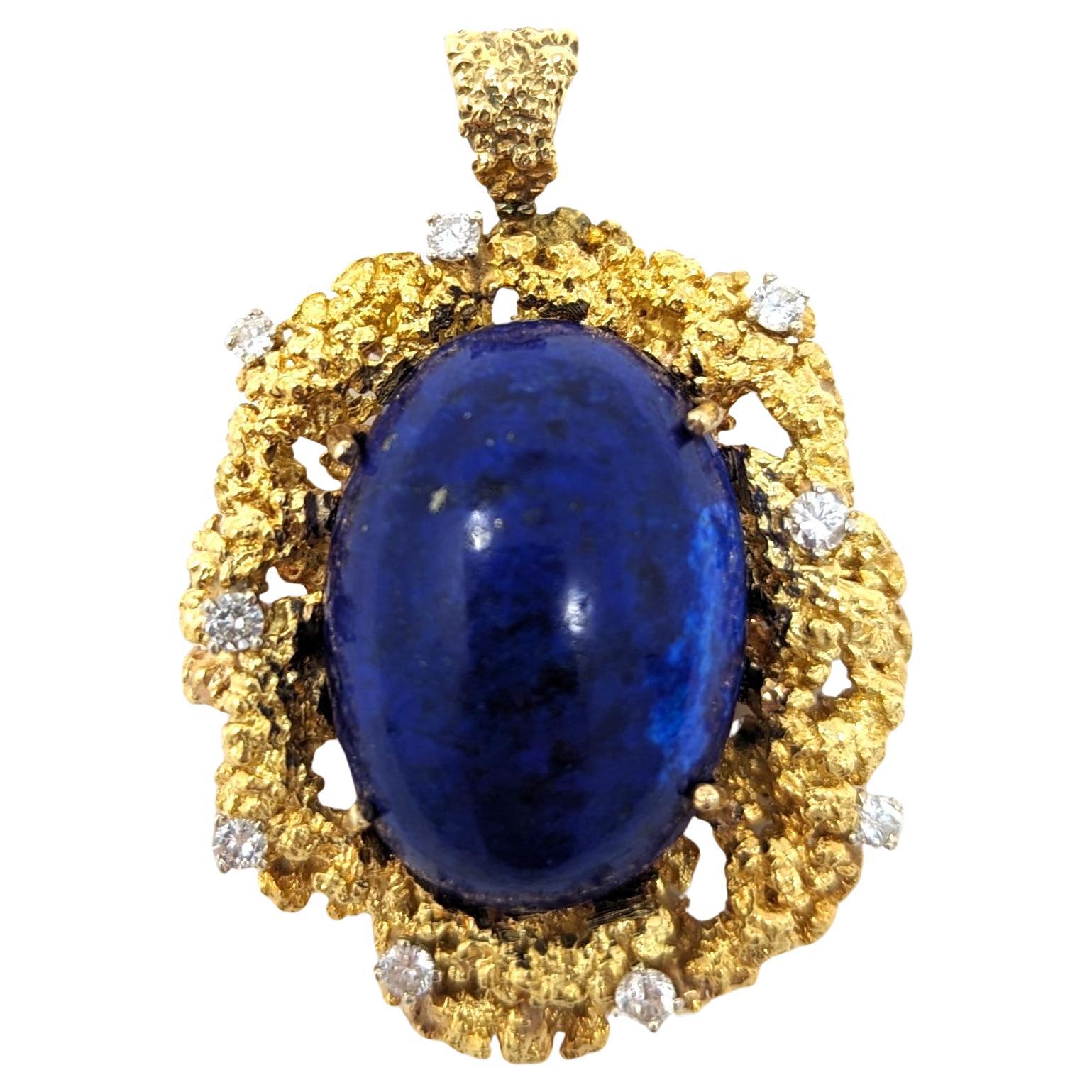 Vintage 18k Lapis Lazuli Diamond Pendant Brooch Pin Brutalist Solid Yellow Gold For Sale