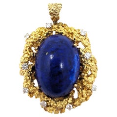 Vintage 18k Lapis Lazuli Diamond Pendant Brooch Pin Brutalist Solid Yellow Gold
