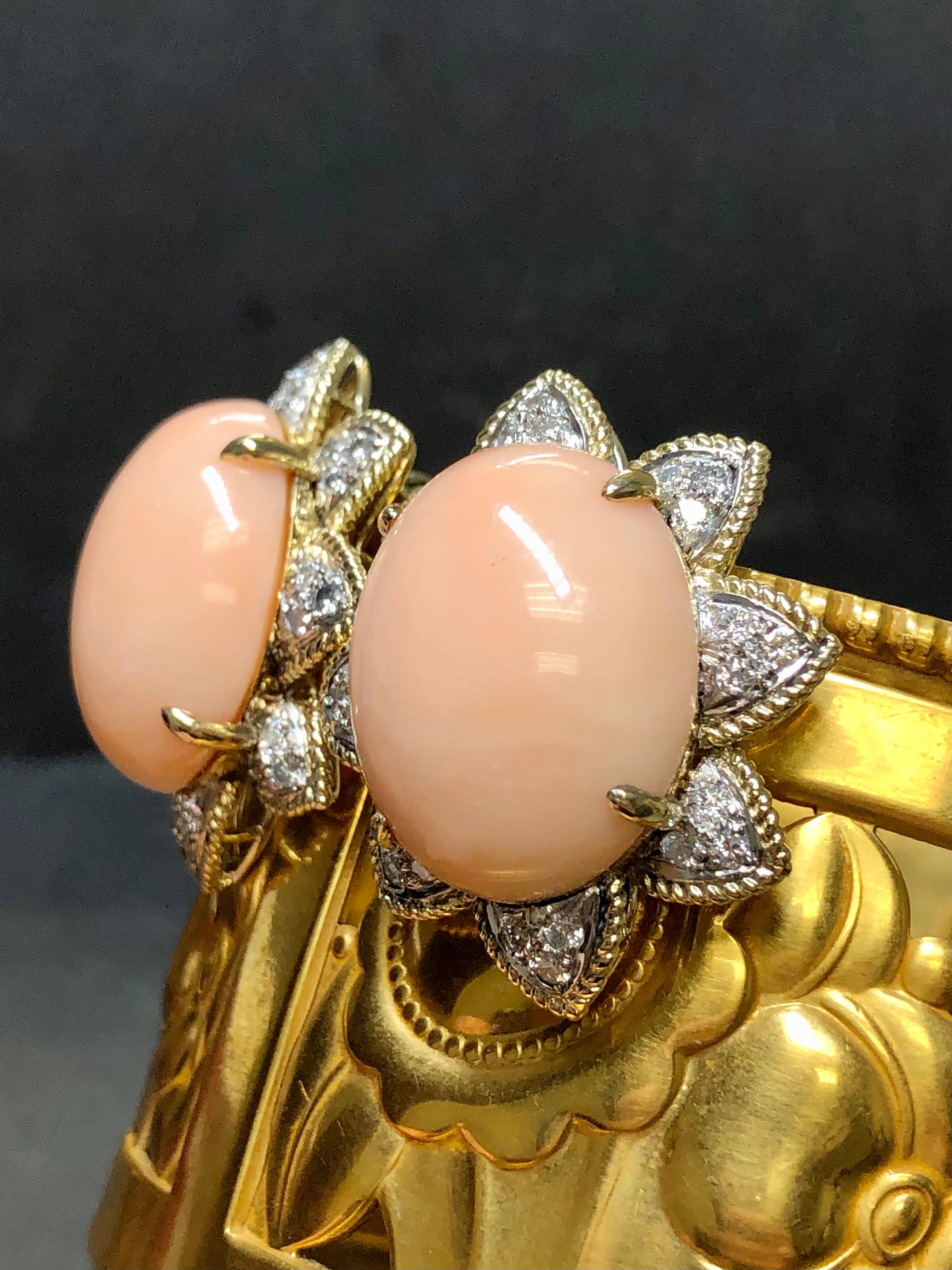 Contemporary Vintage 18K Large Coral Cabochon Diamond Floral Clip On Huggie Earrings  For Sale