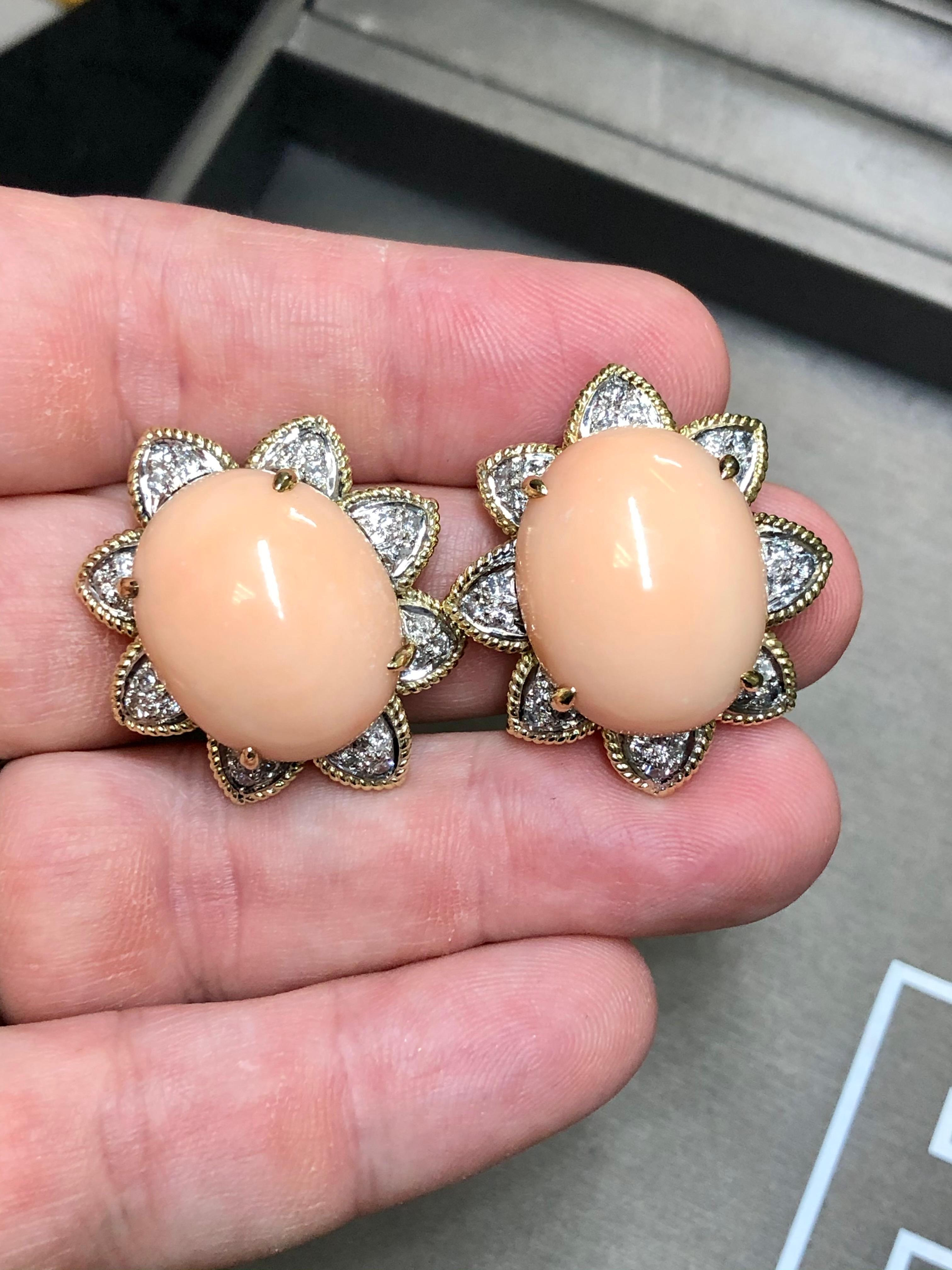 Vintage 18K Large Coral Cabochon Diamond Floral Clip On Huggie Earrings  For Sale 1