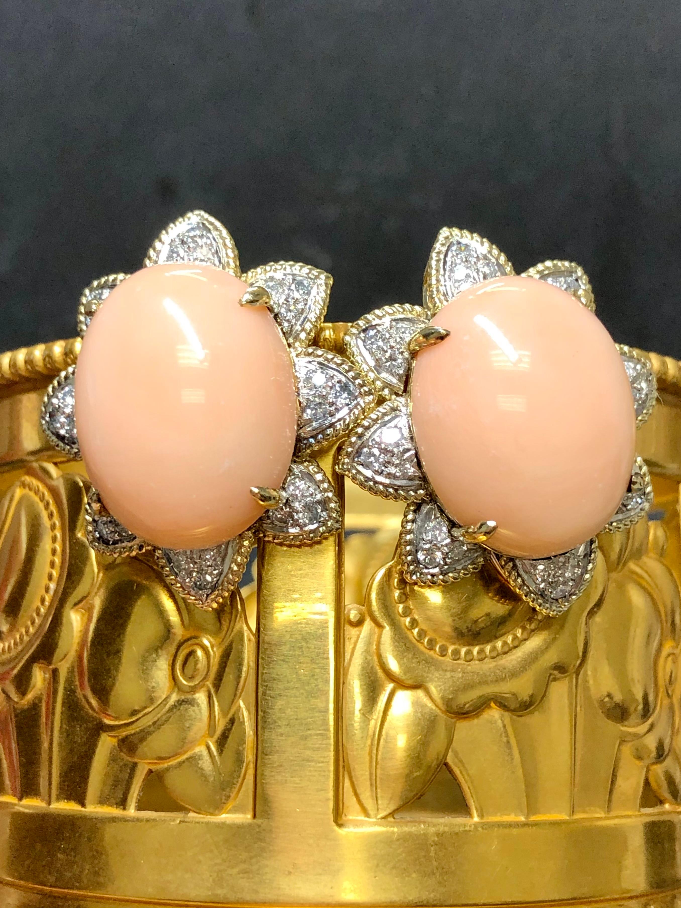 Vintage 18K Large Coral Cabochon Diamond Floral Clip On Huggie Earrings  For Sale 2