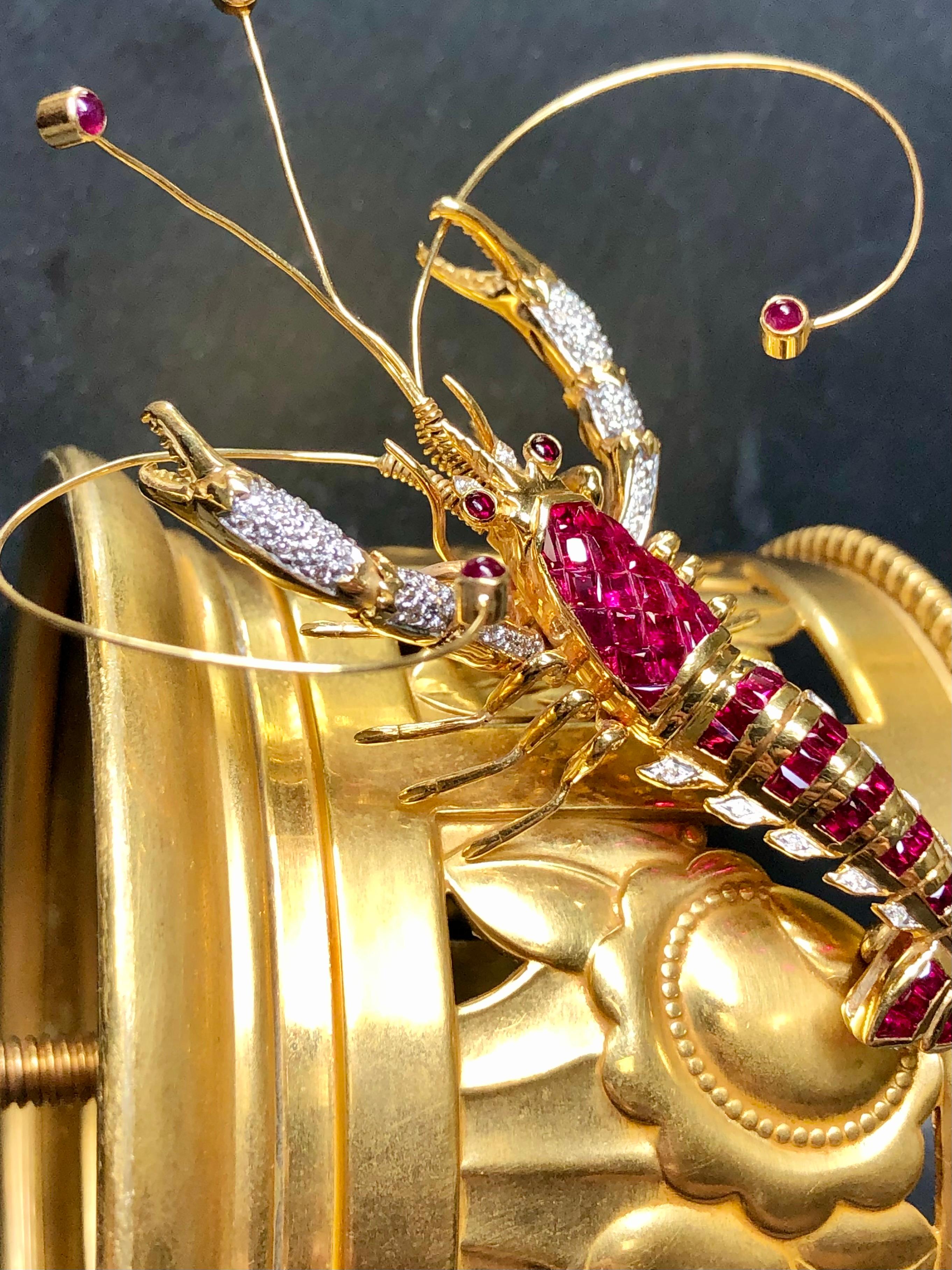 Contemporary Vintage 18K Le Vian Invisible Set Ruby Diamond Lobster Brooch RETIRED For Sale