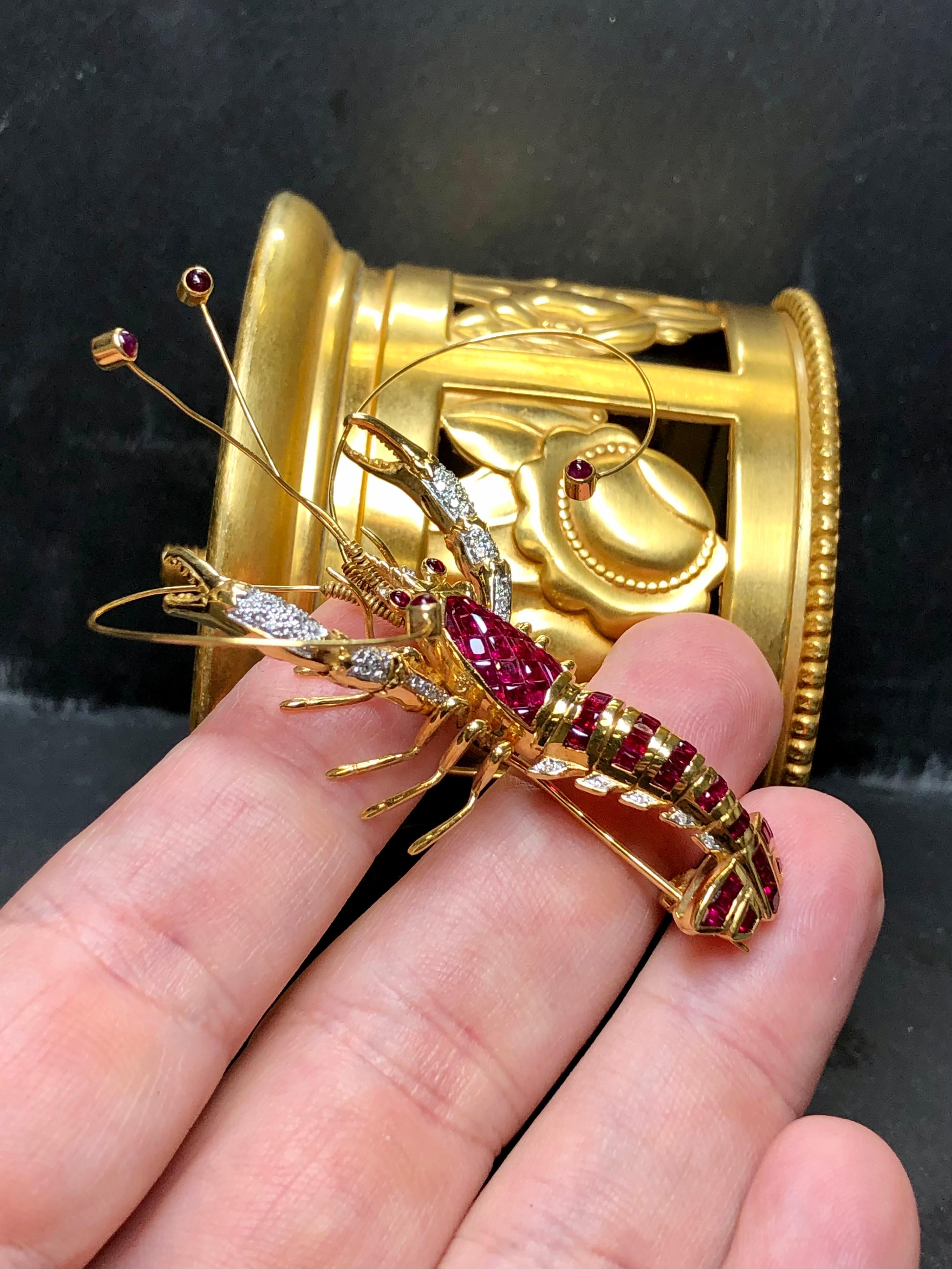 Women's or Men's Vintage 18K Le Vian Invisible Set Ruby Diamond Lobster Brooch RETIRED For Sale