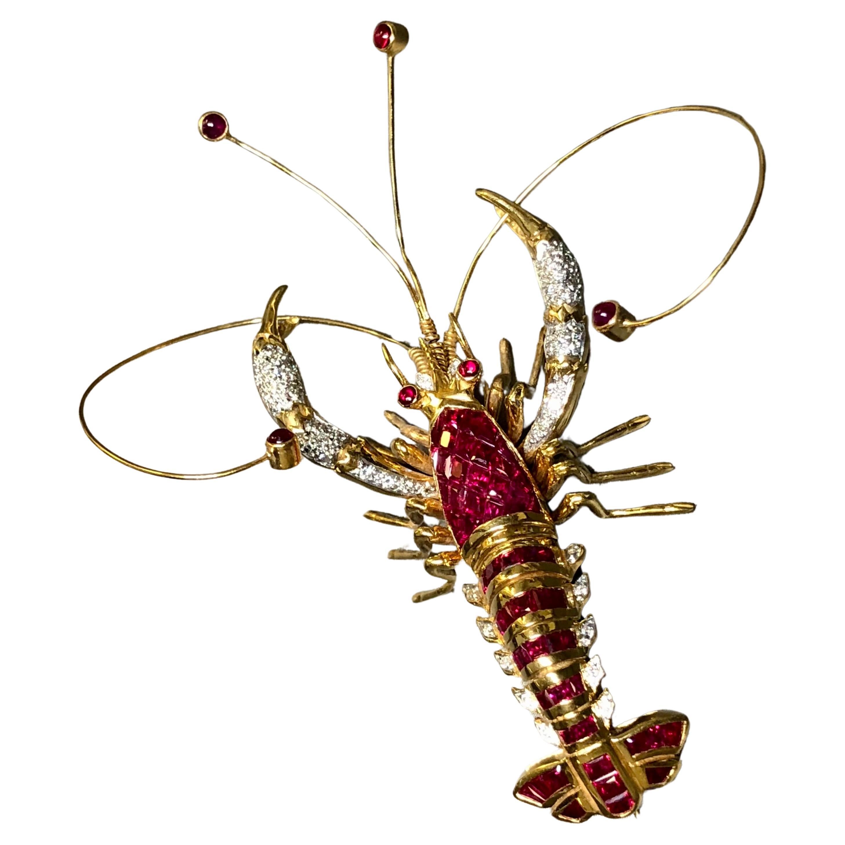 Vintage 18K Le Vian Invisible Set Ruby Diamond Lobster Brooch RETIRED