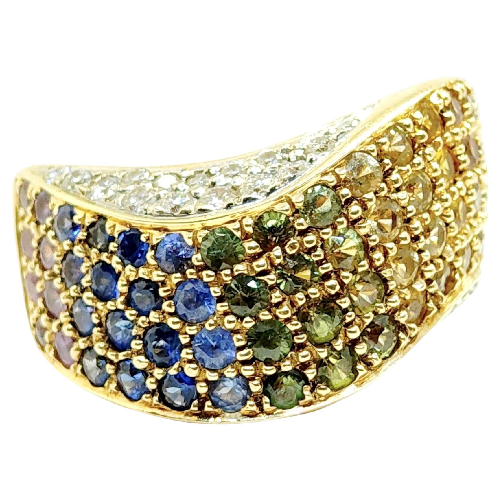 Vintage 18K Multi Color Sapphire and Diamond Band Ring