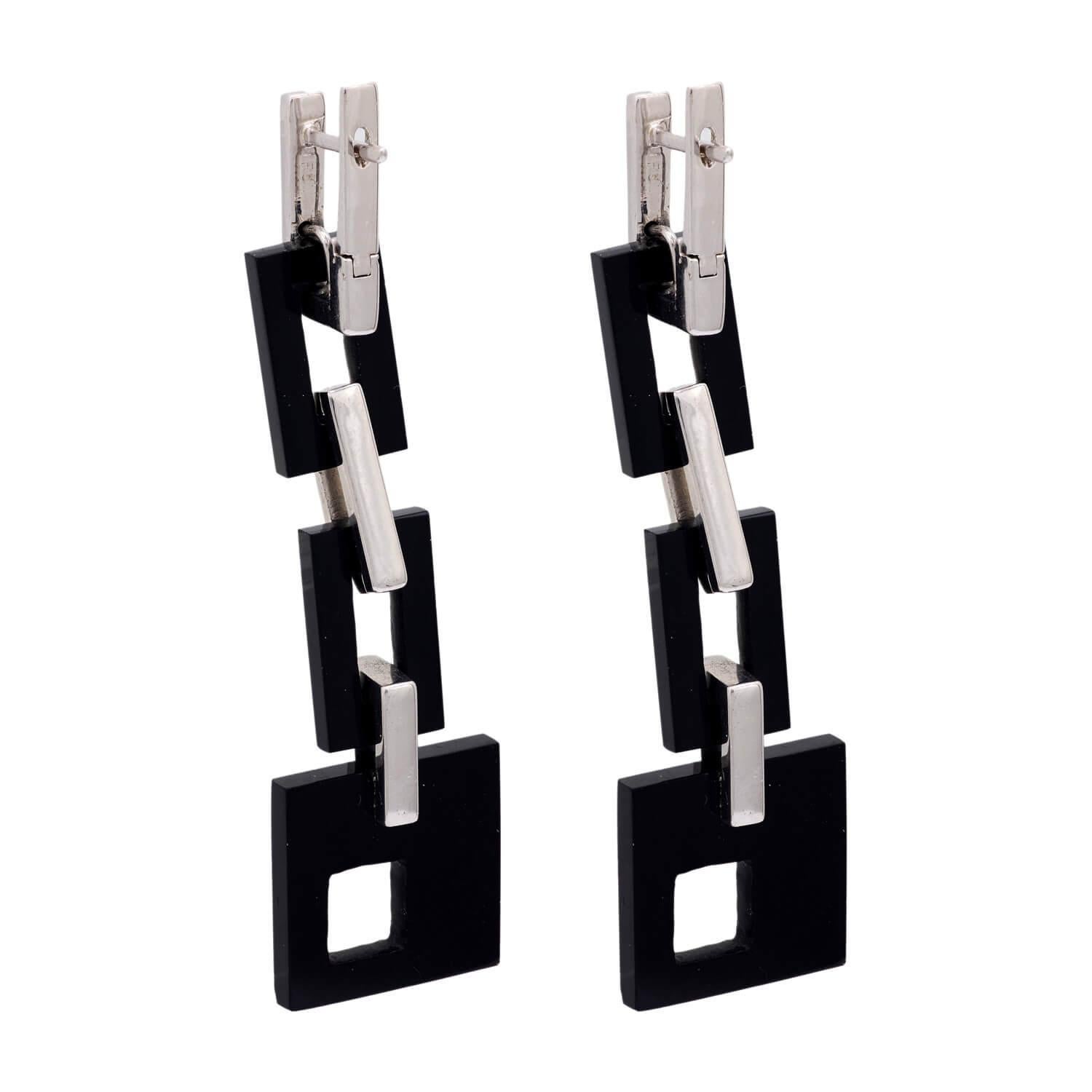 Retro Vintage 18k Onyx & Diamond Geometric Drop Earrings For Sale