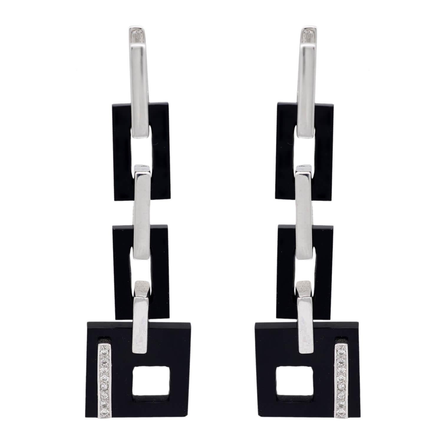 Single Cut Vintage 18k Onyx & Diamond Geometric Drop Earrings For Sale