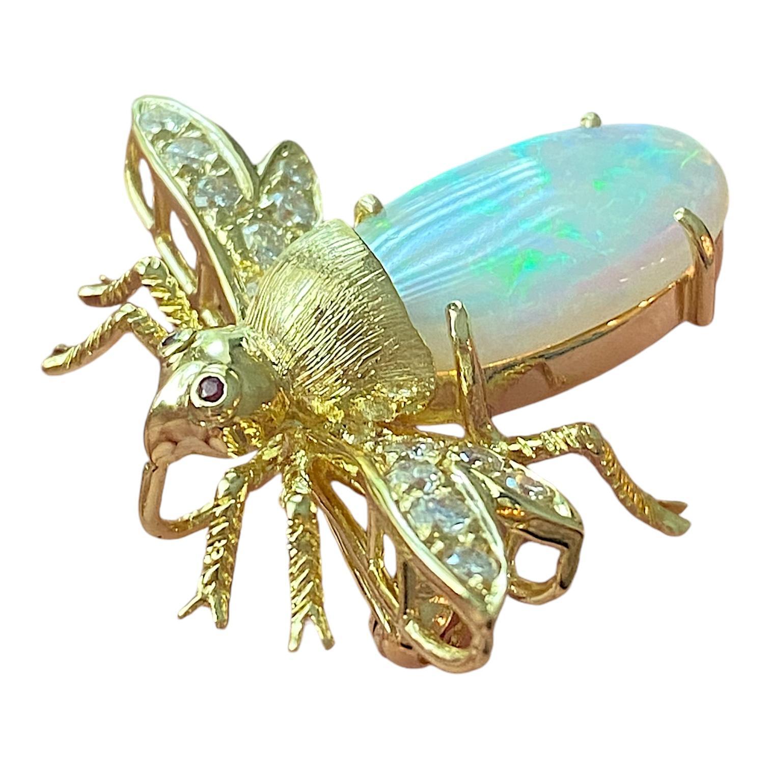 Art Nouveau Vintage 18K Opal and Diamond Bug Fly Pendant Brooch