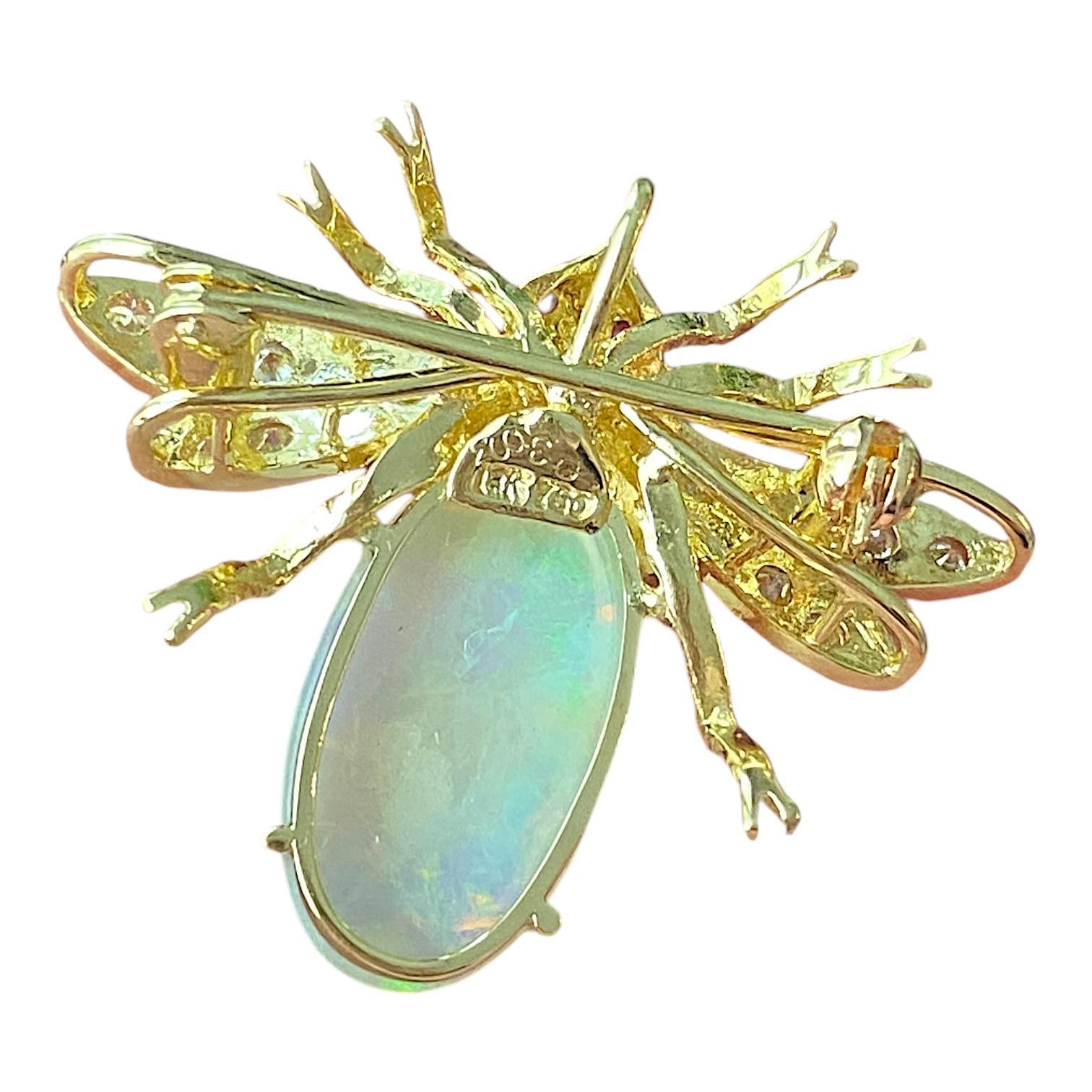 Cabochon Vintage 18K Opal and Diamond Bug Fly Pendant Brooch