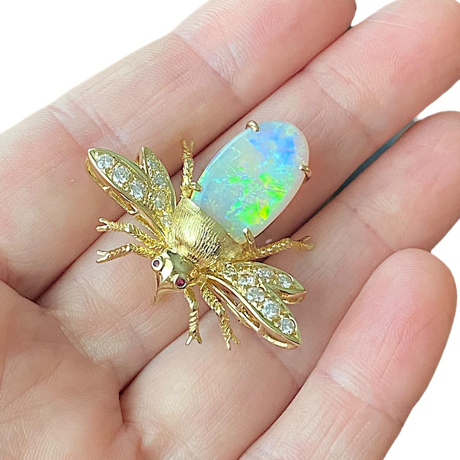 Women's or Men's Vintage 18K Opal and Diamond Bug Fly Pendant Brooch