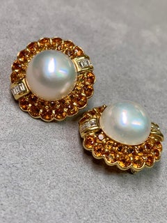 Vintage 18K Citrine Orange & Diamant Baguette Boucles d'oreilles Mabe Pearl Huggie