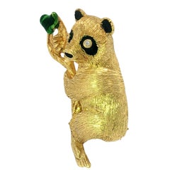Vintage 18K Panda Brooch by George Lederman Enamel Diamond Eyes 18K Yellow Gold