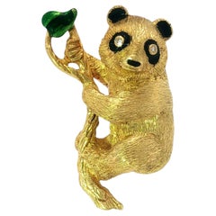 Vintage 18K Panda Brooch by George Lederman Enamel Diamond Eyes 18K Yellow Gold