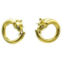Vintage 18K Panther Clip-On Earrings Yellow Gold With Diamond Eyes