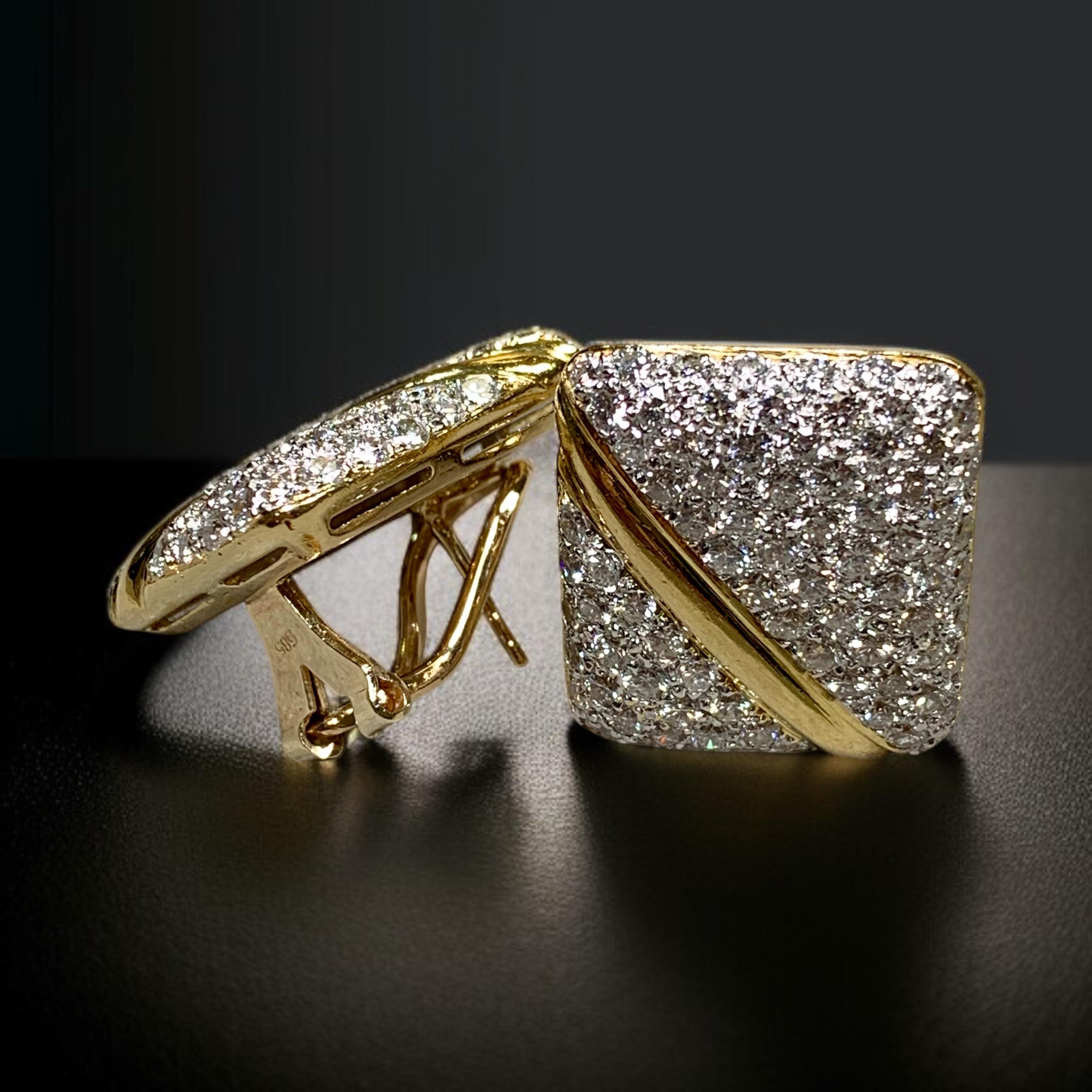 Contemporary Vintage 18K Pave Diamond Rectangular Huggie Omega Back Earrings 5.20ctw G Vs For Sale