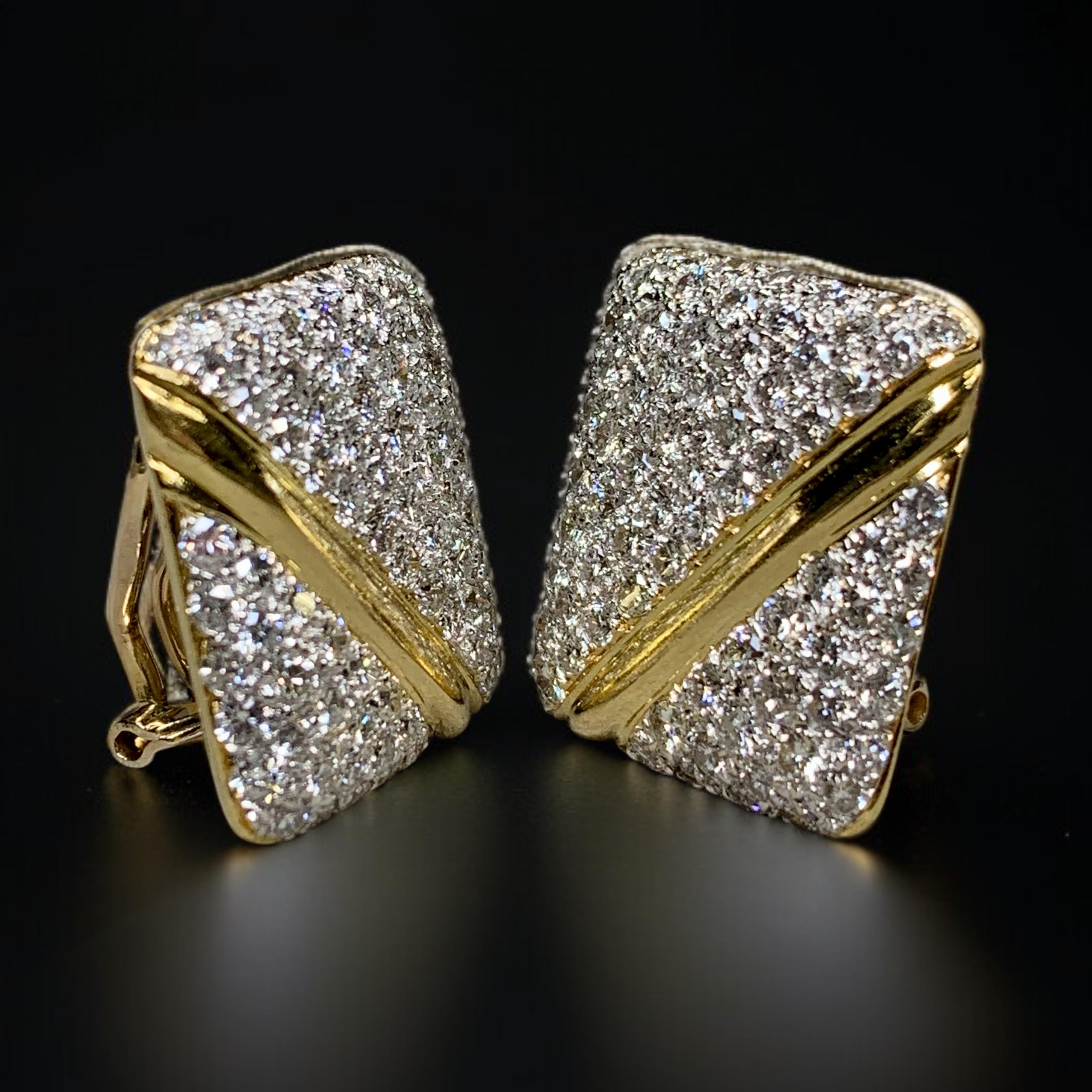 Round Cut Vintage 18K Pave Diamond Rectangular Huggie Omega Back Earrings 5.20ctw G Vs For Sale