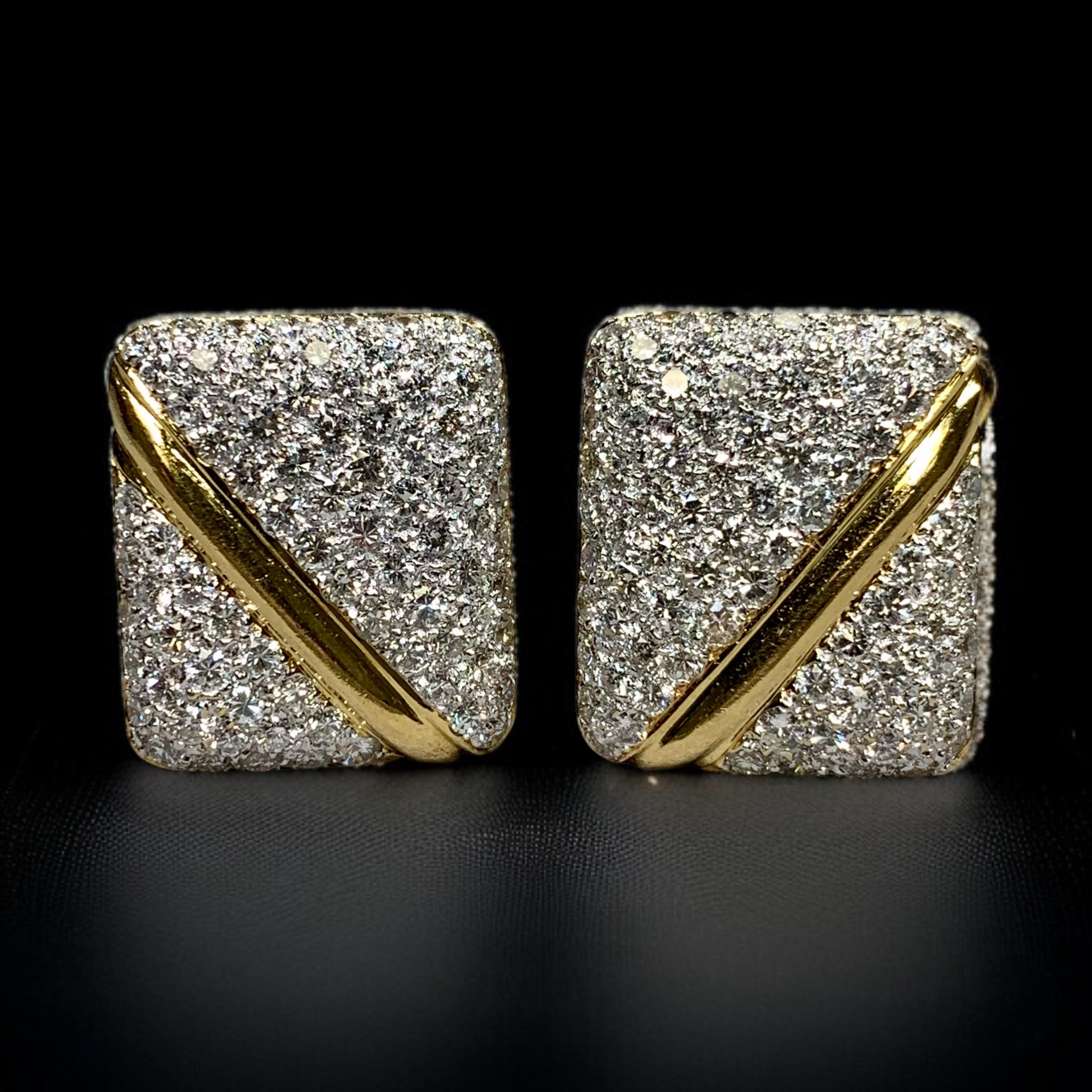 Vintage 18K Pave Diamond Rectangular Huggie Omega Back Earrings 5.20ctw G Vs In Good Condition For Sale In Winter Springs, FL