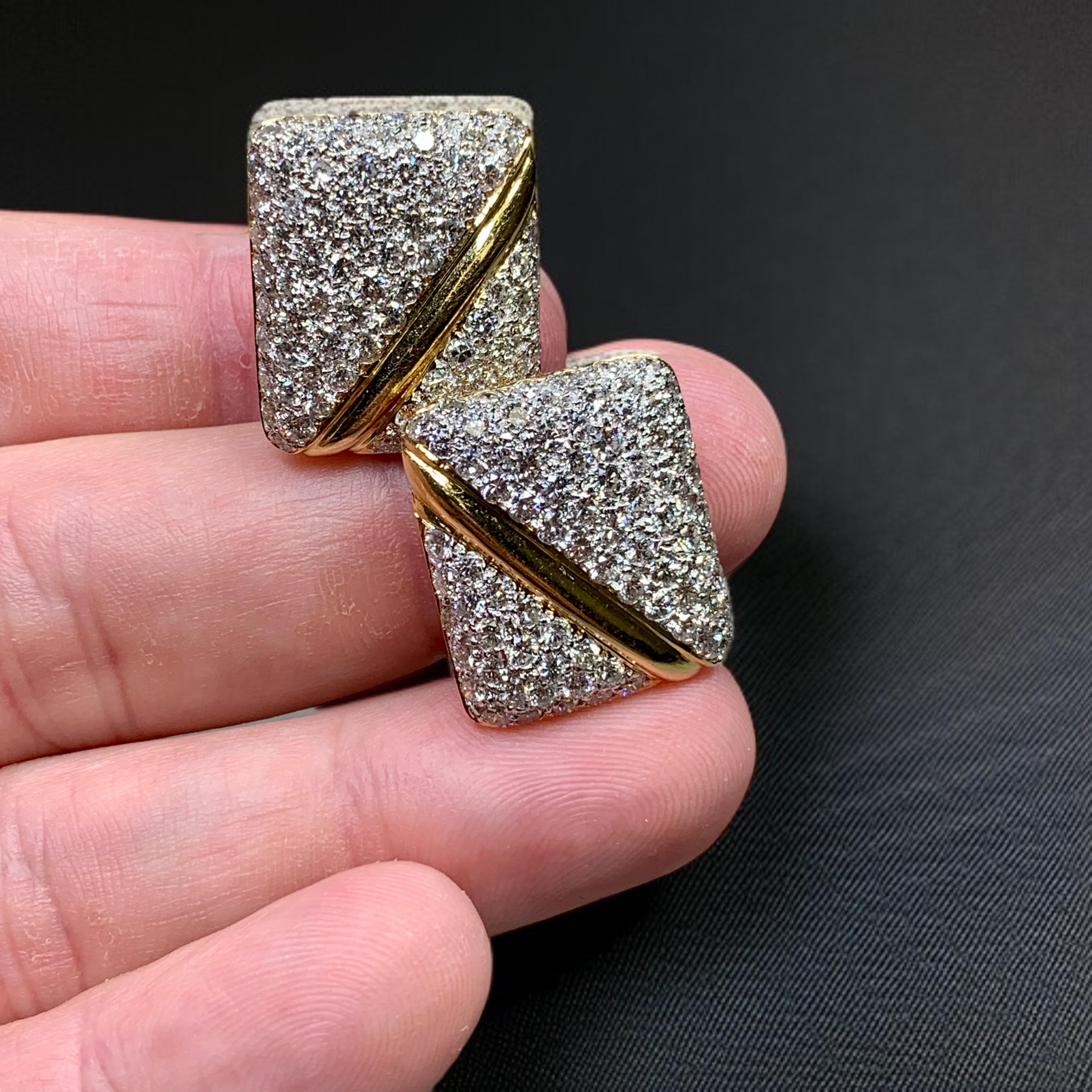 Women's or Men's Vintage 18K Pave Diamond Rectangular Huggie Omega Back Earrings 5.20ctw G Vs For Sale