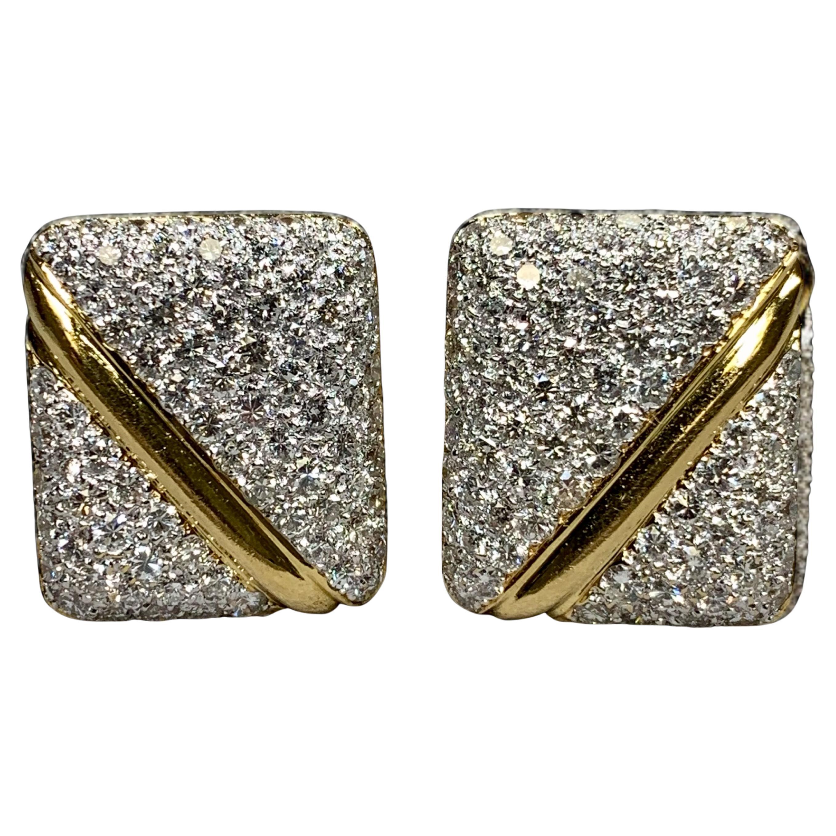 Vintage 18K Pave Diamond Rectangular Huggie Omega Back Earrings 5.20ctw G Vs