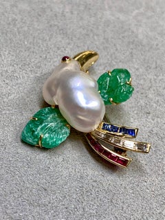 Vintage 18K Pearl Carved Emerald Sapphire Ruby Baguette Diamond Bird Pin Brooch