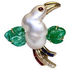 Vintage 18K Pearl Carved Emerald Sapphire Ruby Baguette Diamond Bird Pin Brooch