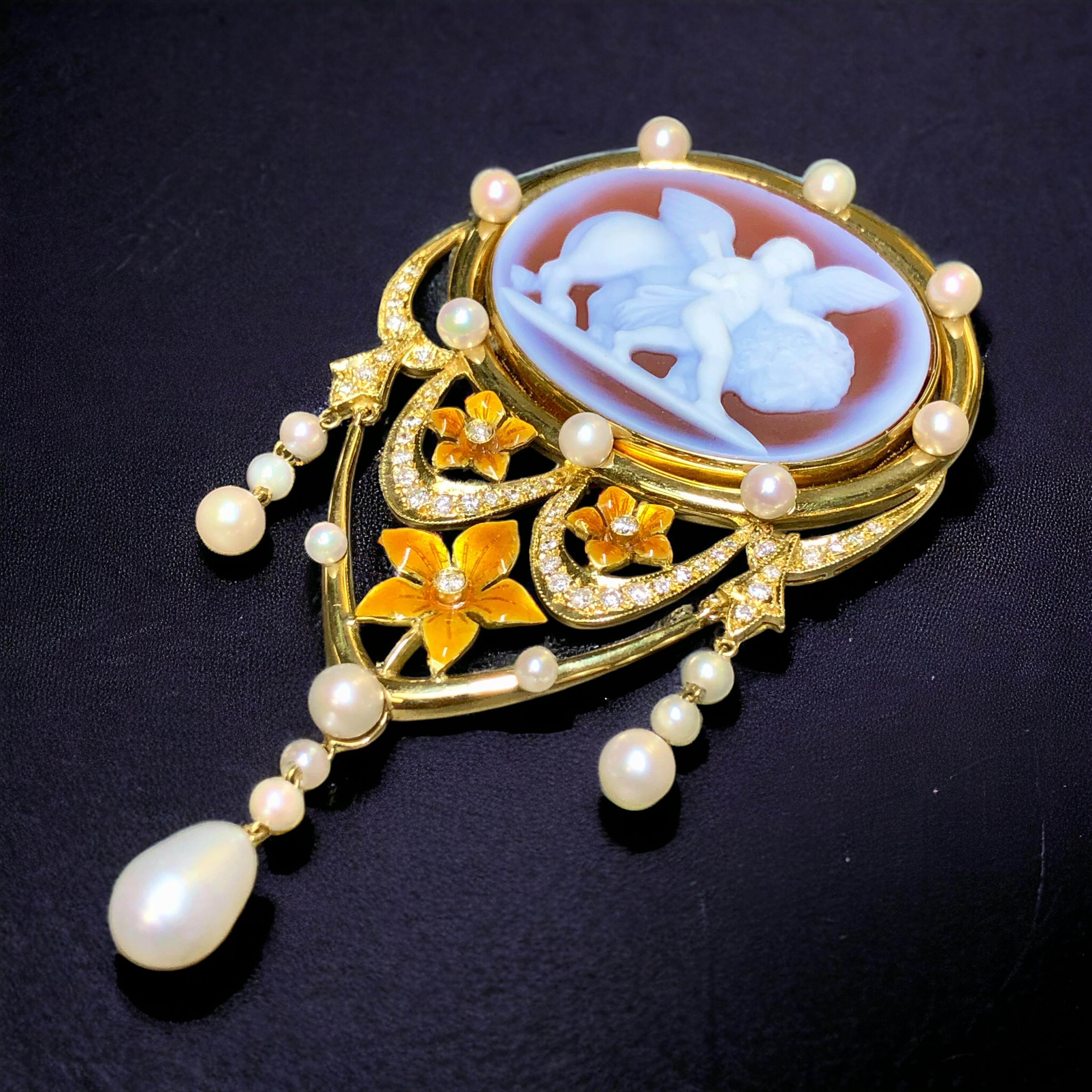 High Victorian Vintage 18K Pearl Diamond Enamel Cameo Brooch Pendant For Sale