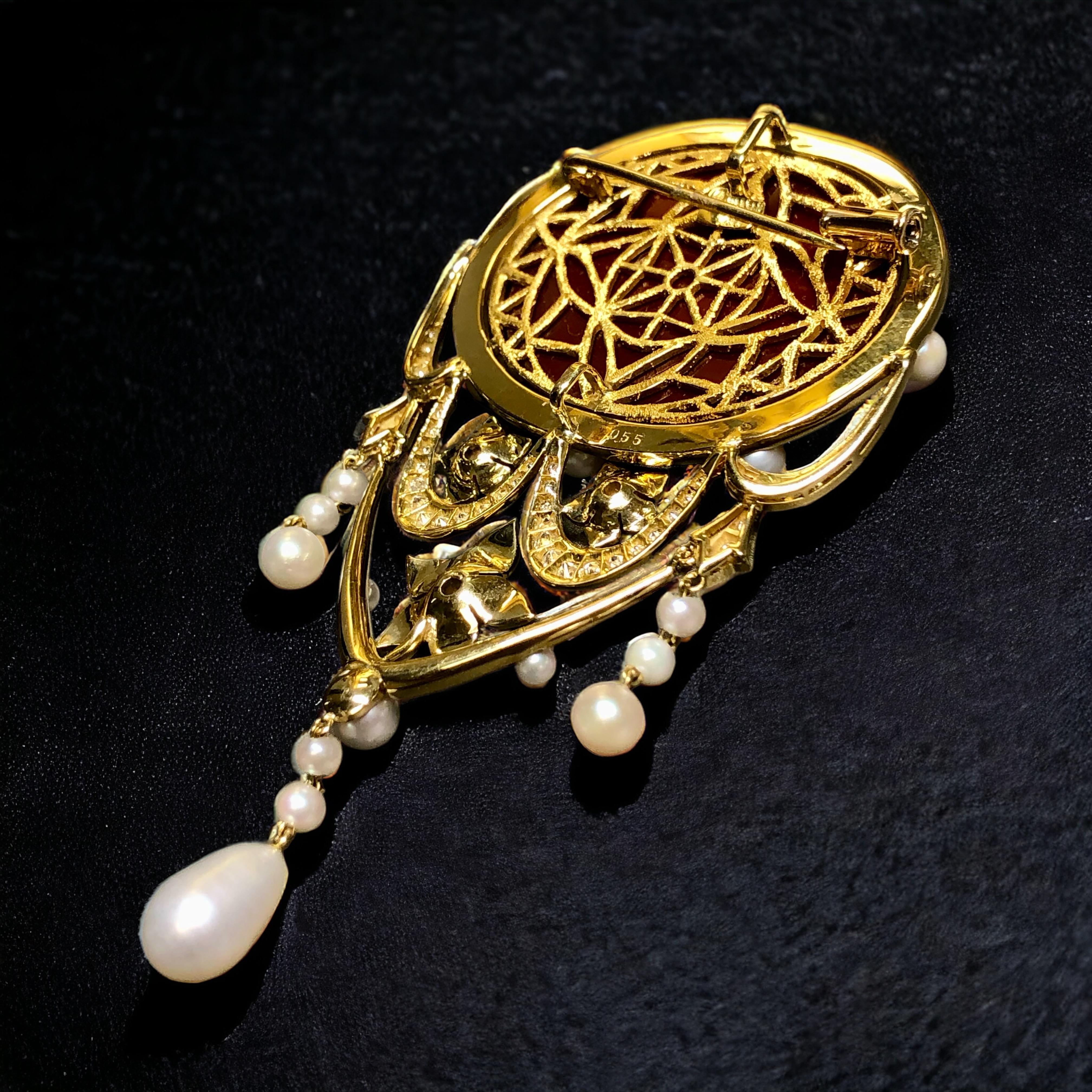 Round Cut Vintage 18K Pearl Diamond Enamel Cameo Brooch Pendant For Sale