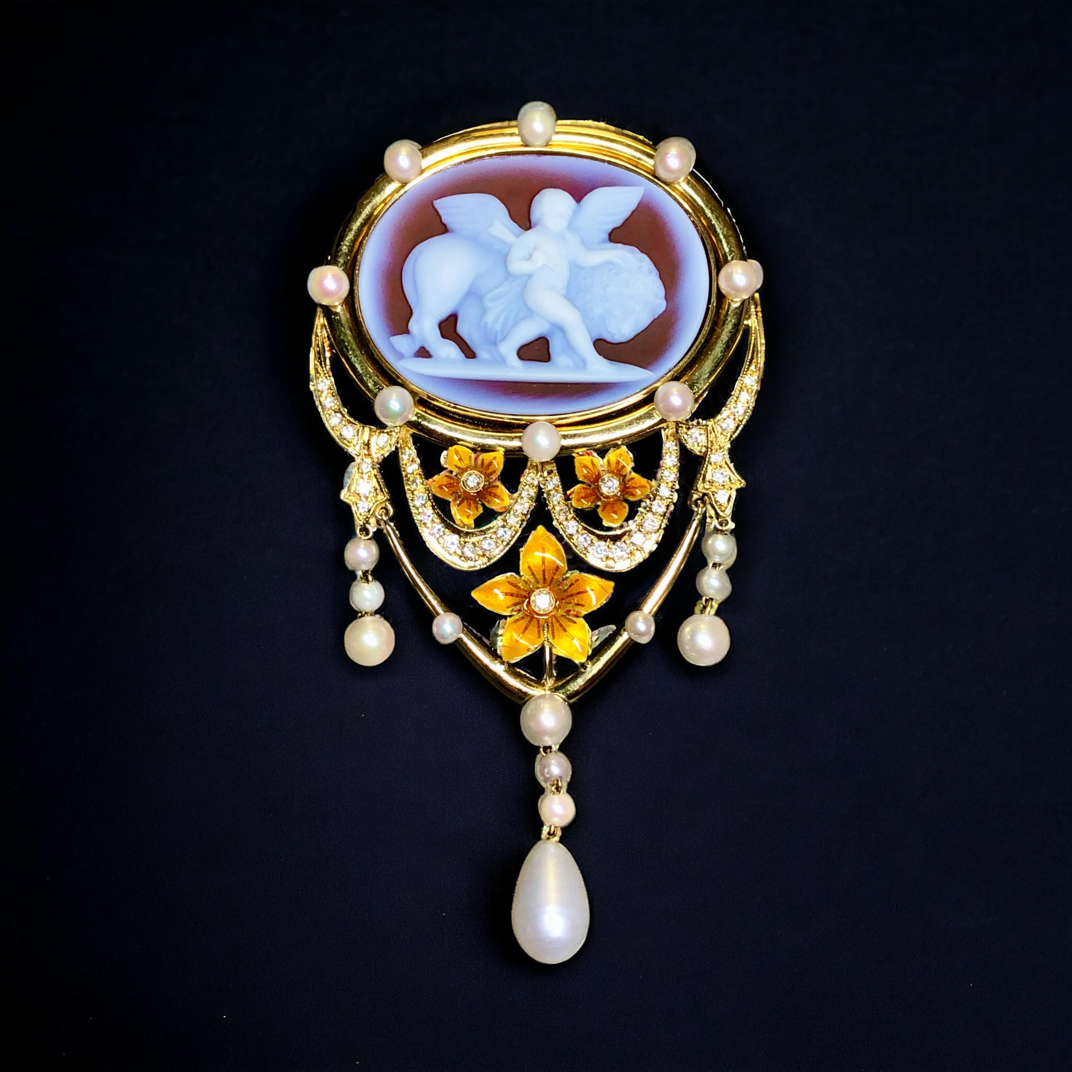 Vintage 18K Pearl Diamond Enamel Cameo Brooch Pendant In Good Condition For Sale In Winter Springs, FL