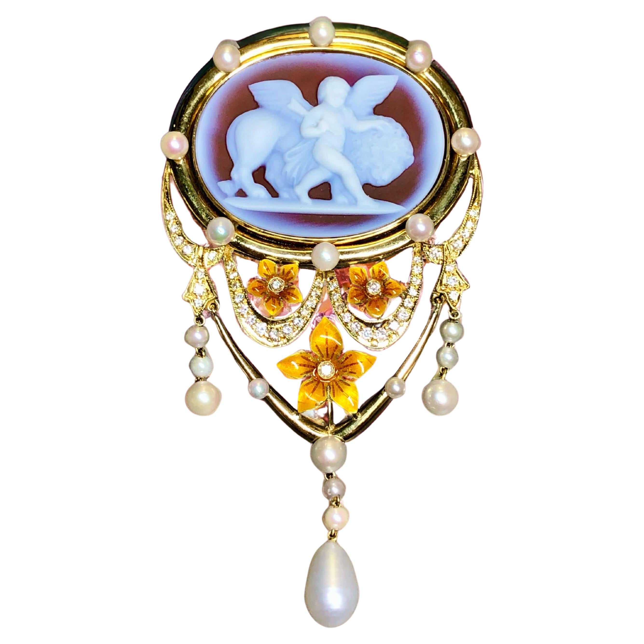 Vintage 18K Pearl Diamond Enamel Cameo Brooch Pendant For Sale