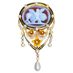 Colgante Broche Camafeo Vintage 18K Perla Diamante Esmalte