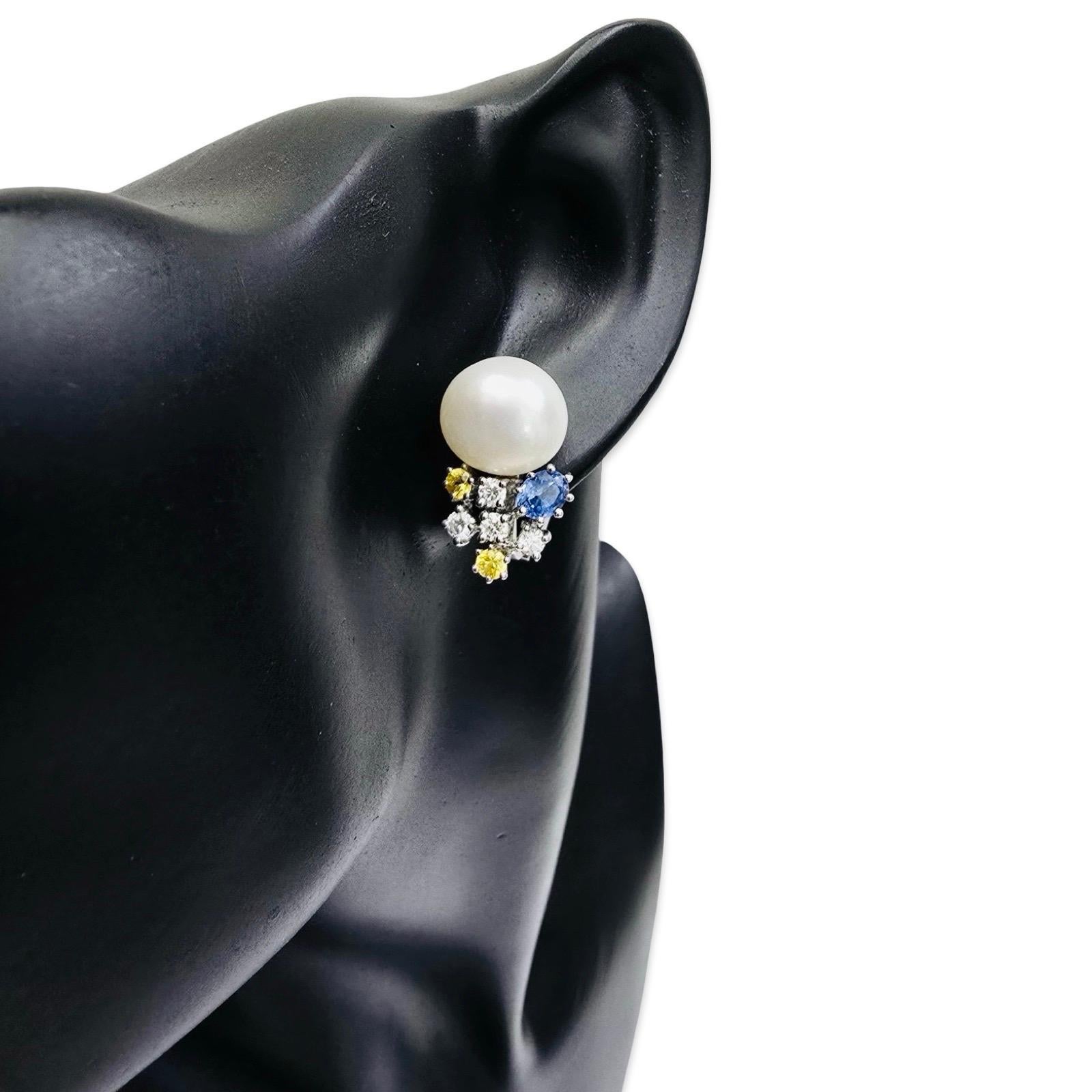 Taglio rotondo Orecchini a grappolo con perle e zaffiri d'epoca in 18k con diamanti in vendita