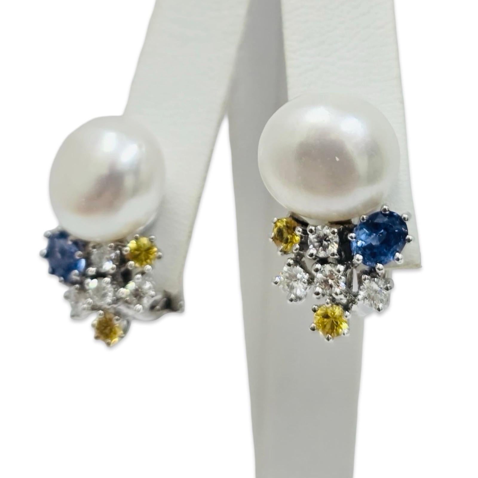 Orecchini a grappolo con perle e zaffiri d'epoca in 18k con diamanti In condizioni ottime in vendita a Miami, FL