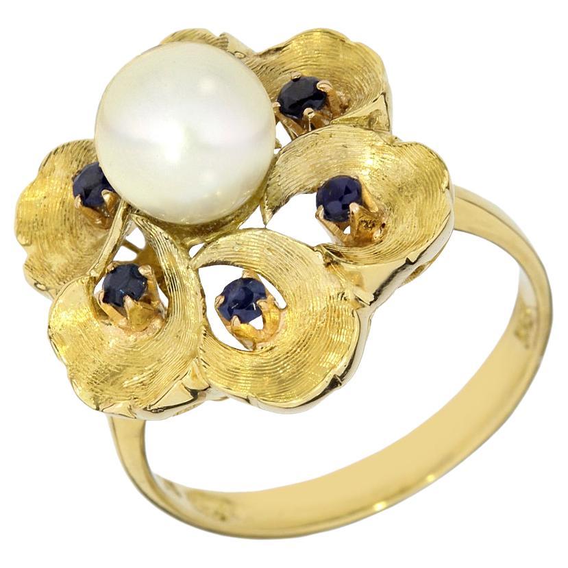 Vintage 18K Pearl & Sapphire Ring For Sale